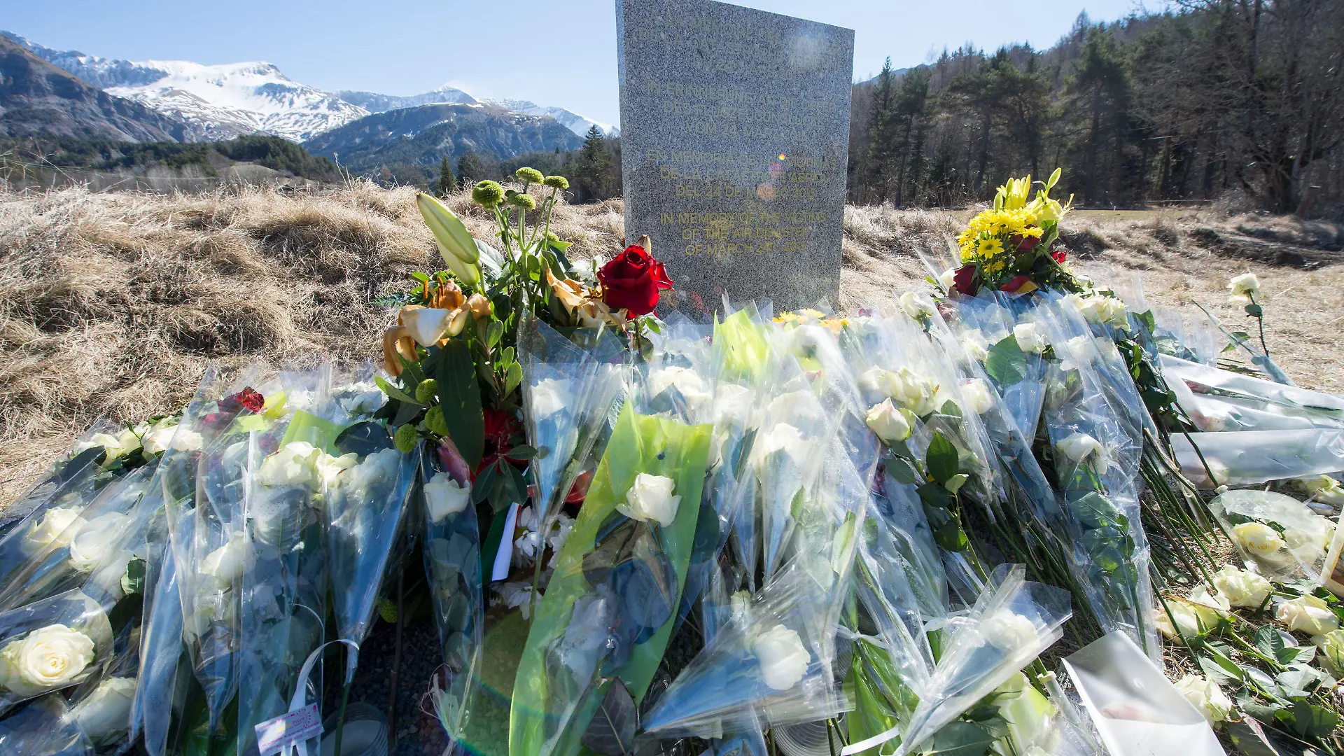 ARCHIV - Inmitten von Blumen steht eine steinerne Gedenkstele mit der Aufschrift "In Erinnerung an die Opfer des Flugzeugunglücks vom 24. März 2015" (Foto vom 27.03.2015). Nach der Germanwings-Katastrophe haben Angehörige der ums Leben gekommenen Schüler und Lehrer aus Haltern einen wütenden Brief an Lufthansa-Chef Spohr geschickt. In dem Schreiben empören sich die Verwandten vor allem über eine fehlende Entschuldigung des Konzernchefs, außerdem habe Spohr nicht den Kontakt zu den trauernden Angehörigen gesucht. Foto: Peter Kneffel/dpa +++(c) dpa - Bildfunk+++