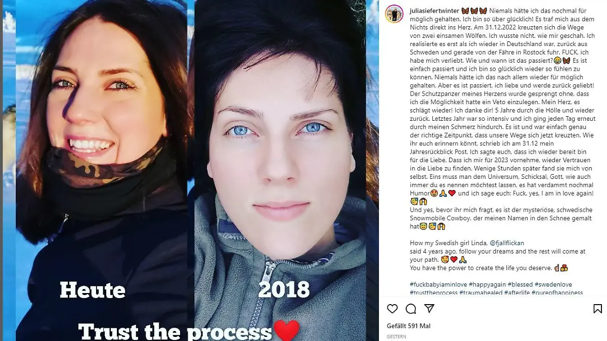 "Am 31.12.2022 kreuzten sich die Wege von zwei einsamen Wölfen." Julia Siefert-Winter teilt ihren Fans auf Instagram überglücklich mit, dass sie frisch verliebt ist