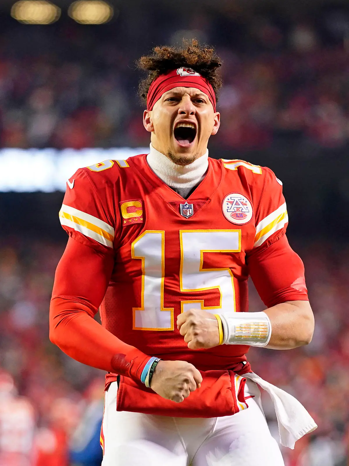 Jan 29, 2023; Kansas City, Missouri, USA; Kansas City Chiefs quarterback Patrick Mahomes (15) reacts before the AFC Championship game between the Kansas City Chiefs and the Cincinnati Bengals at GEHA Field at Arrowhead Stadium. Mandatory Credit: Jay Biggerstaff-USA TODAY Sports