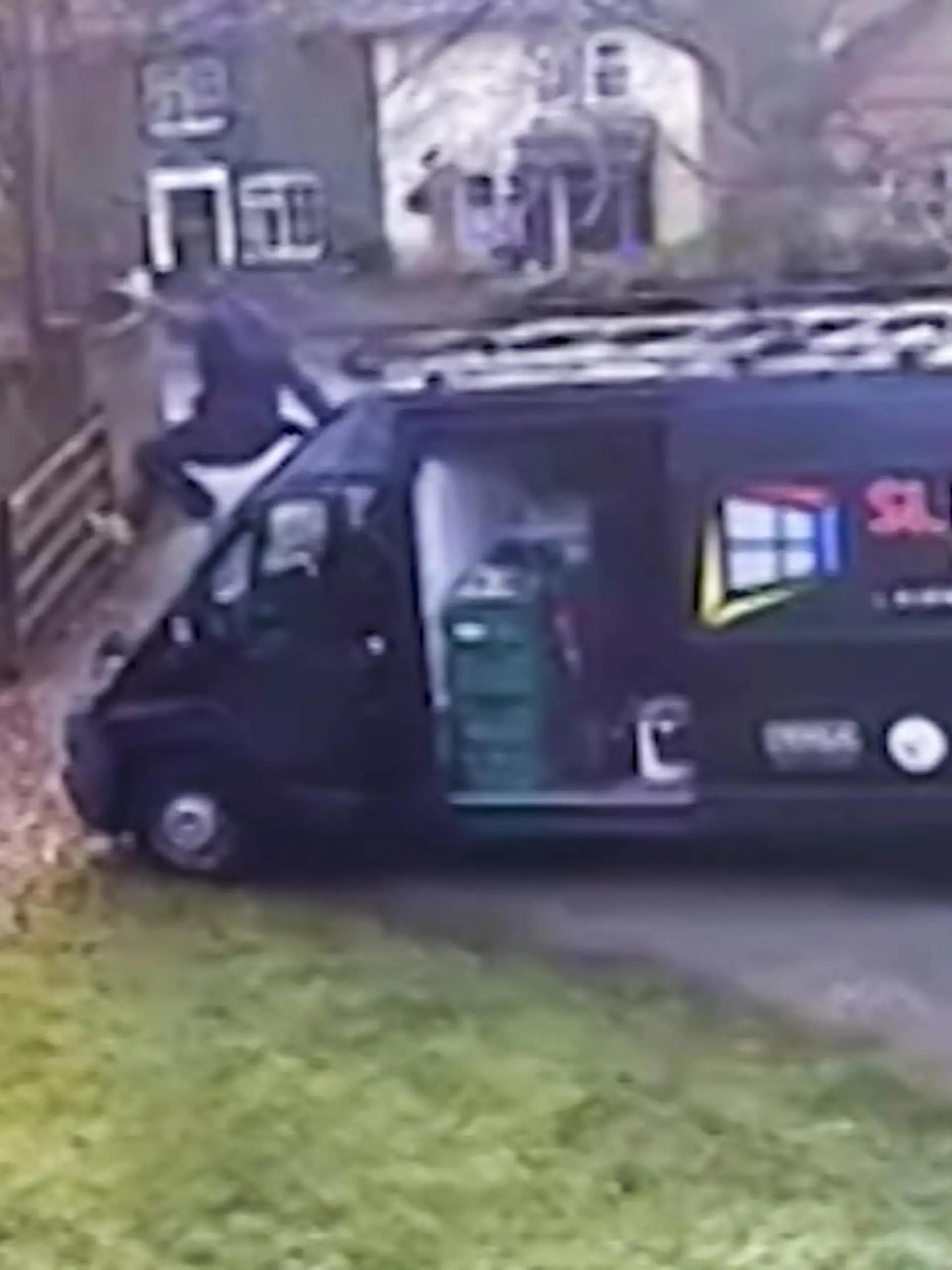 Ein Lieferwagenfahrer hat in Essex, England sein Fahrzeug mit reiner Muskelkraft gestoppt. Als dieses einfach losrollt, sprintet er übers Dach und springt vor den Wagen.