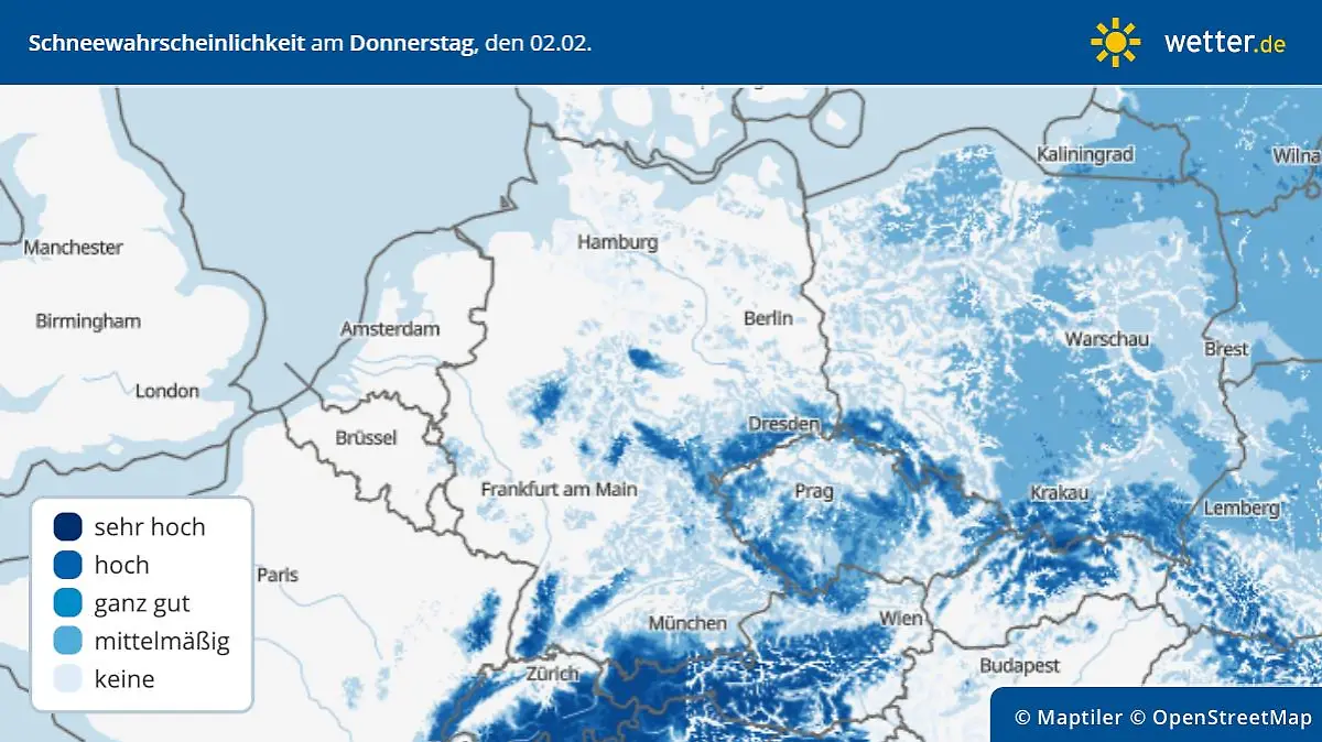 Schneewahrscheinlichkeit am Donnerstag, 2. Februar in Deutschland
