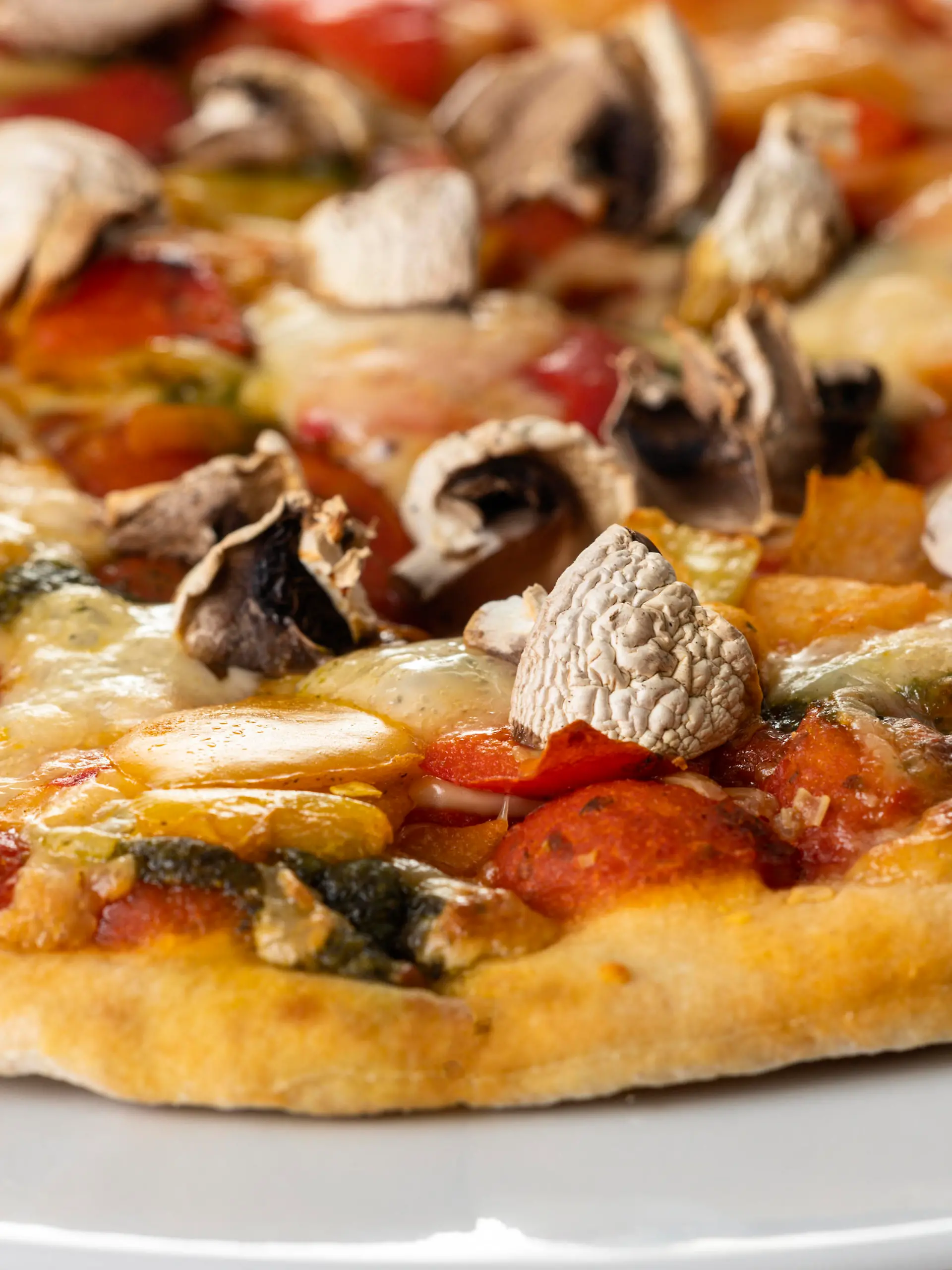 Pilzpizza auf einem weißen Teller