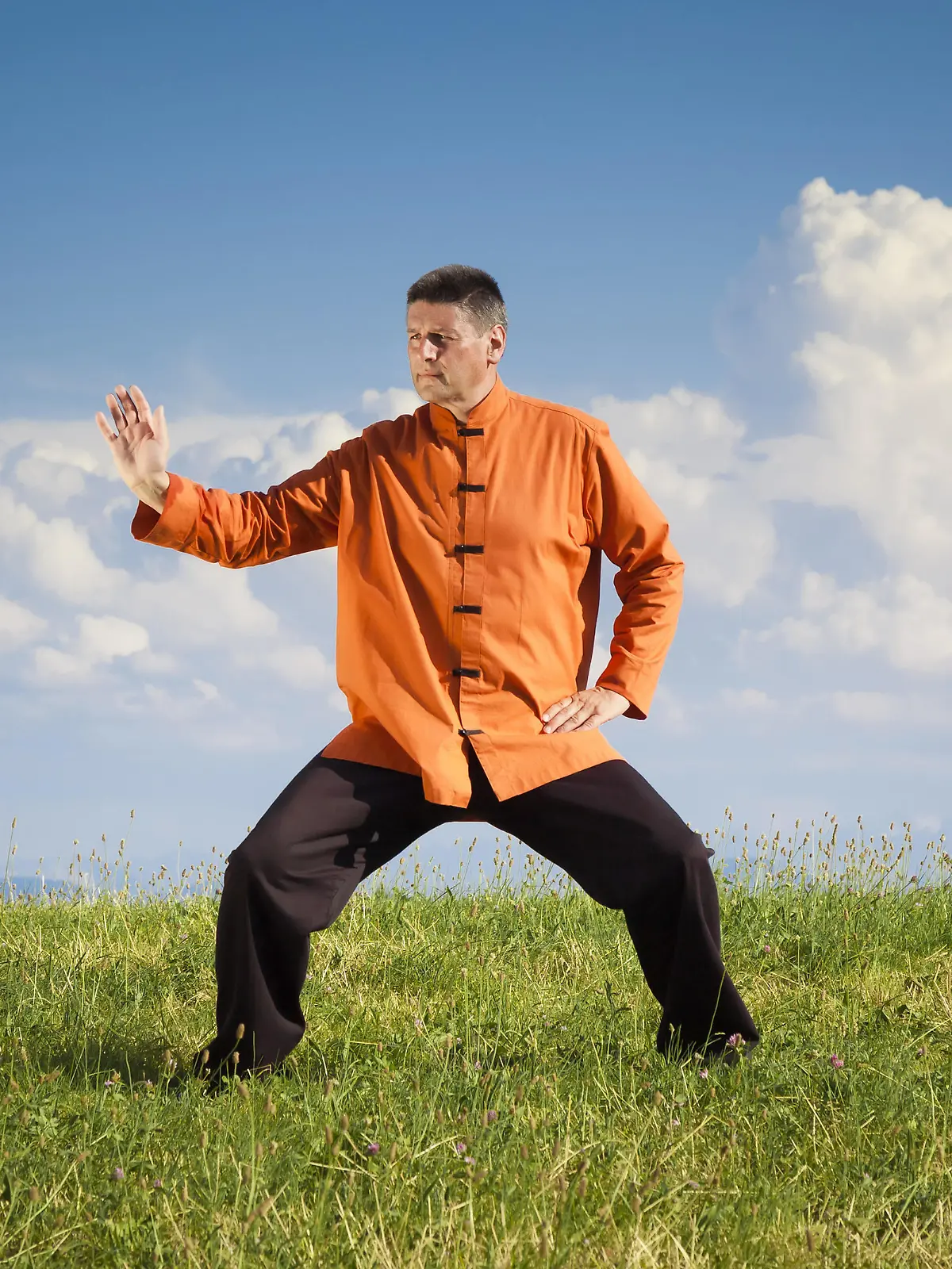 Mann praktiziert Qi-Gong-Übungen auf einer Wiese