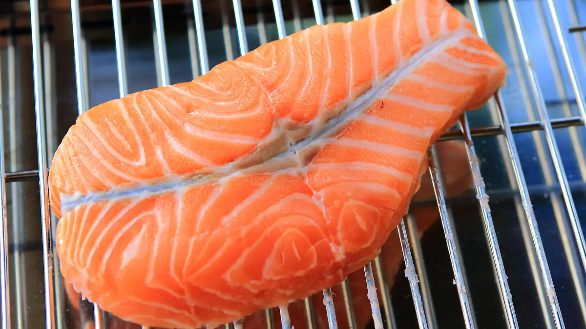 Ein Stück roher Lachs liegt auf einem Elektro-Grill. Lachs gehört heute zu den am meisten geschätzten Speisefischen. Sein orangerosa bis dunkelrotes Fleisch ist reich an Omega-3-Fettsäuren. Er kann roh, gekocht, gebraten und geräuchert verzehrt werden. | Verwendung weltweit