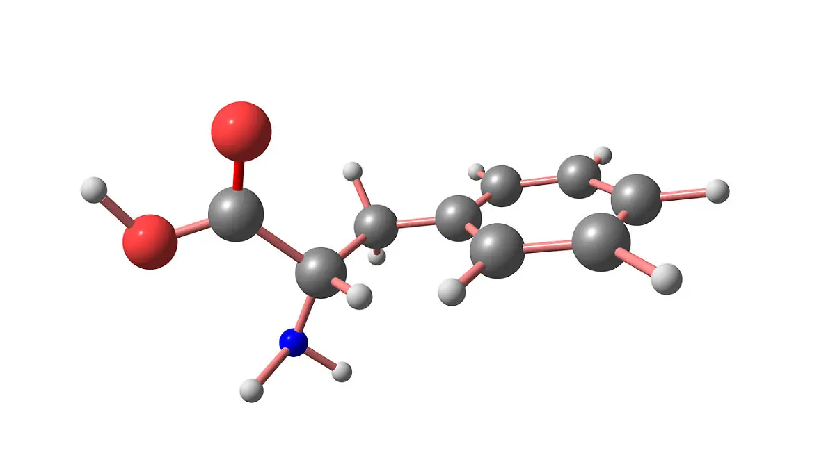 Phenylalanine or Phe is an amino acid with the formula C9H11NO2. 3d illustration