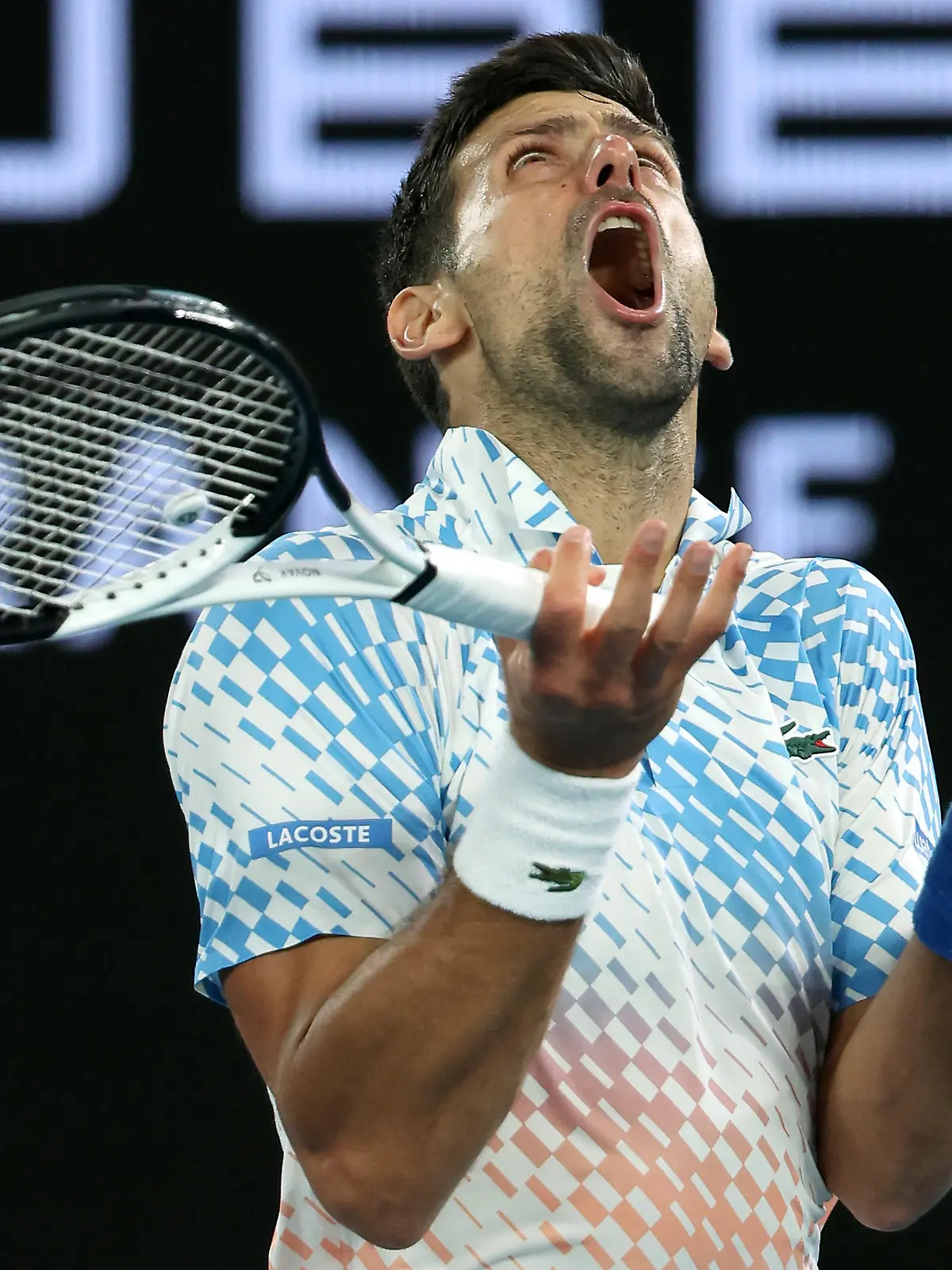 MELBOURNE, AUSTRALIA - JANUARY 25: Novak Djokovic of Serbia reacts in the Quarterfinal singles match against Andrey Rublev during day ten of the 2023 Australian Open at Melbourne Park on January 25, 2023 in Melbourne, Australia. (Photo by Mark Kolbe/Getty Images) *** BESTPIX ***
