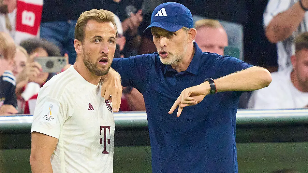 Harry Kane, FCB 9 Trainer Thomas Tuchel FCB, team manager, headcoach, coach, in action in the Super Cup 2023 final match FC BAYERN MUENCHEN - RB LEIPZIG on Aug 12, 2023 in Munich, Germany. Season 2023/2024, matchday xx, 1.Bundesliga, FCB, München, xx.Spieltag.