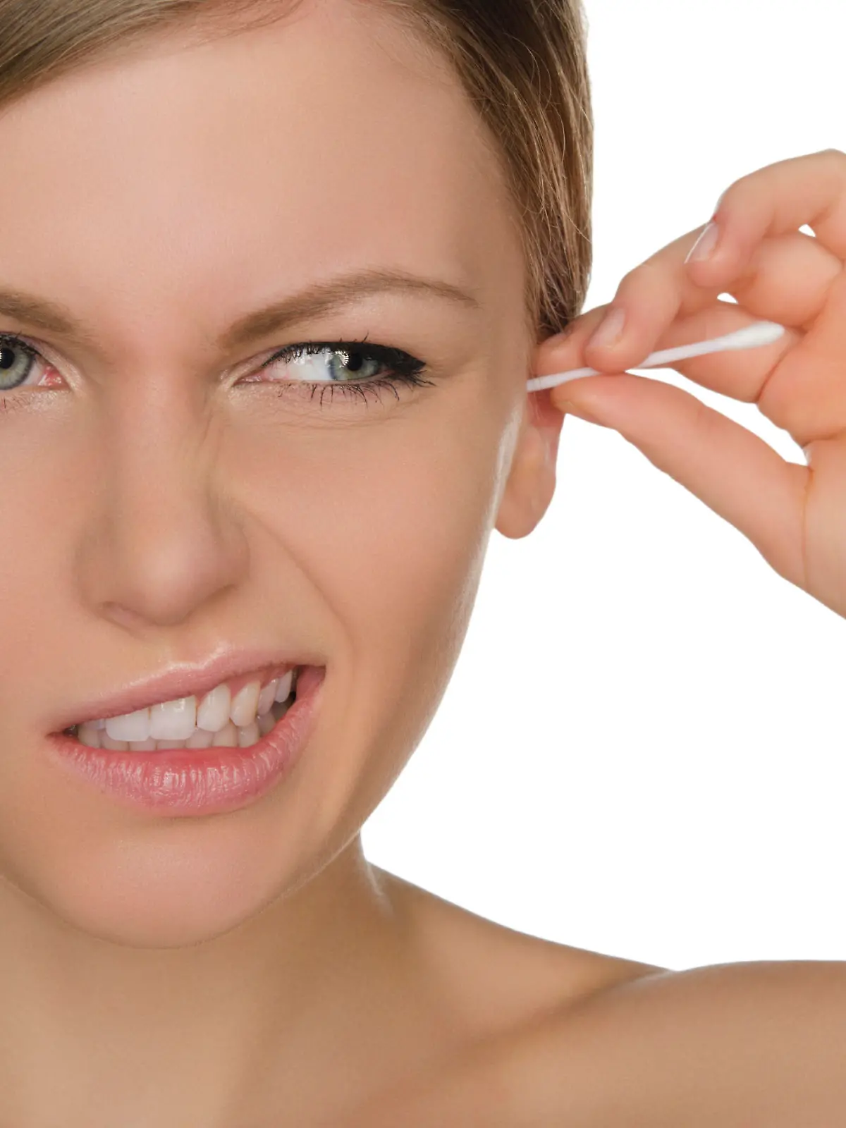 woman injured cleans ears with cotton sticks isolated on white