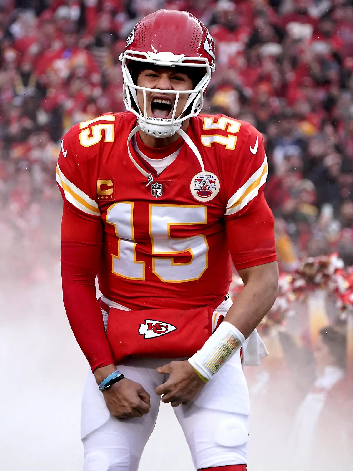 Jan 21, 2023; Kansas City, Missouri, USA; Kansas City Chiefs quarterback Patrick Mahomes (15) is introduced before playing against the Jacksonville Jaguars in the AFC divisional round game at GEHA Field at Arrowhead Stadium. Mandatory Credit: Denny Medley-USA TODAY Sports     TPX IMAGES OF THE DAY
