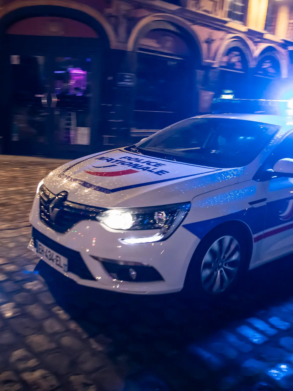 (201018) -- PARIS, Oct. 18, 2020 (Xinhua) -- Policemen patrol after the curfews in Lille, northern France, Oct. 17, 2020. France reported 32,427 COVID-19 infections in the last 24 hours, a new high of daily tally, according to the data released by the Public Health Agency on Saturday. To stem the quick spread of the virus, the French government declared a state of health emergency starting from Saturday. Curfews from 9 p.m. to 6 a.m. were implemented in nine big cities since Friday midnight. (Photo by Sebastien Courdji/Xinhua)