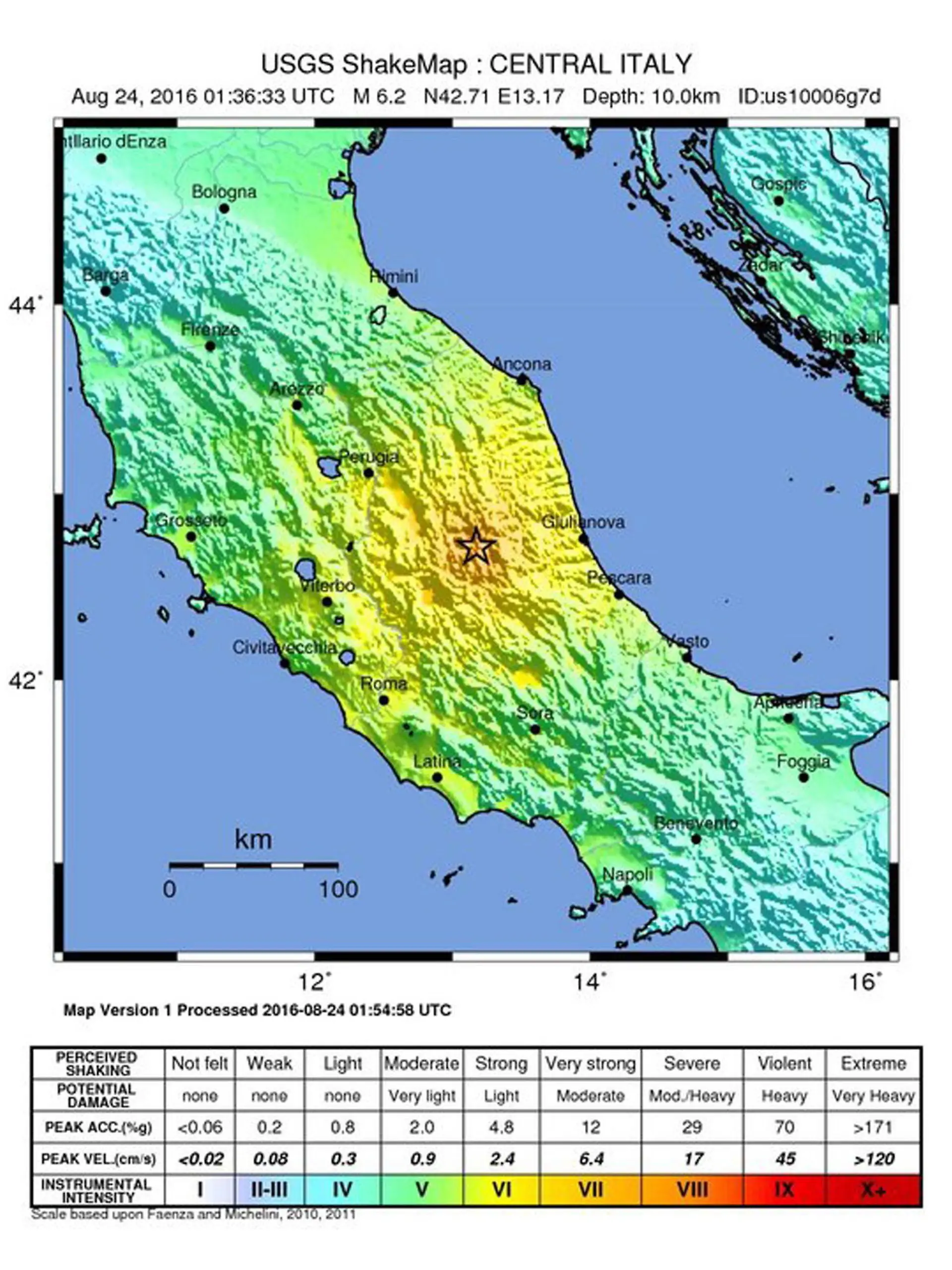 epa05508072 A handout shakemap released by the US Geological Survey (USGS) shows the location of a 6.2 magnitude earthquake that struck at a depth of 10km South East of Norcia, Italy, 24 August 2016. There were no immediate reports of damage or injuries. EPA/USGS / HANDOUT EDITORIAL USE ONLY +++(c) dpa - Bildfunk+++