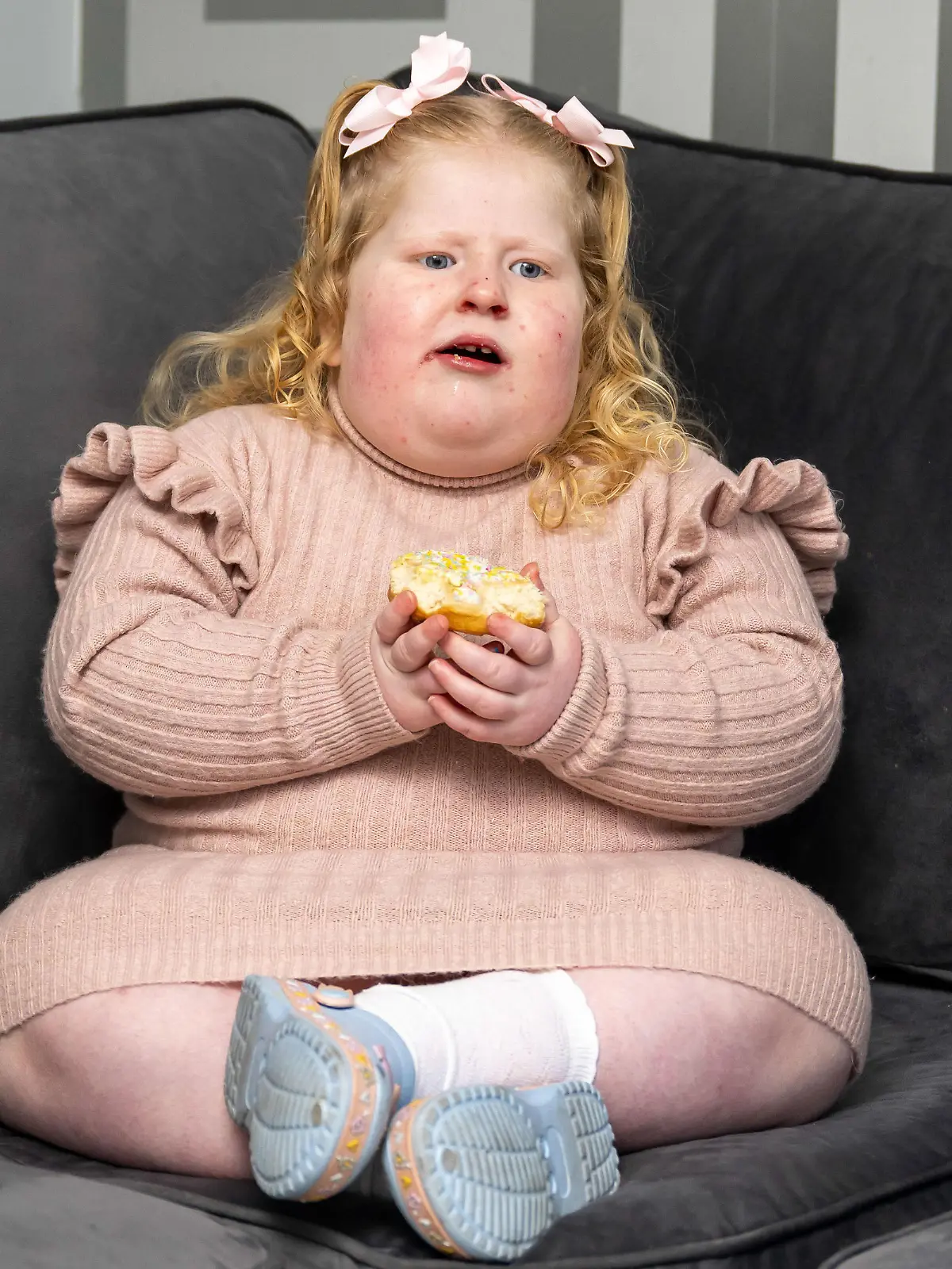 CATERS NEWS (PICTURED Harlow, 5, has Prader Willi Syndrome) This mum has to have a baby gate on her kitchen so that her daughter, who Prader Willi Syndrome, can't help herself to food as she never feels full. Holly Williams, from Newport, Wales, says that her daughter, Harlow, five, is constantly hungry due to being diagnosed with Prader Willi Syndrome when she was six months old. The 25-year-old mum-of-one has to have a baby gate on her kitchen and keep food out of reach because as a result of her condition, Harlow is missing chromosome 15 which controls hunger, and therefore she is constantly hungry. While Harlow is currently overweight, Holly says that she has to remain stern and tell Harlow 'no', and ensures she eats a healthy, balanced diet. SEE CATERS COPY