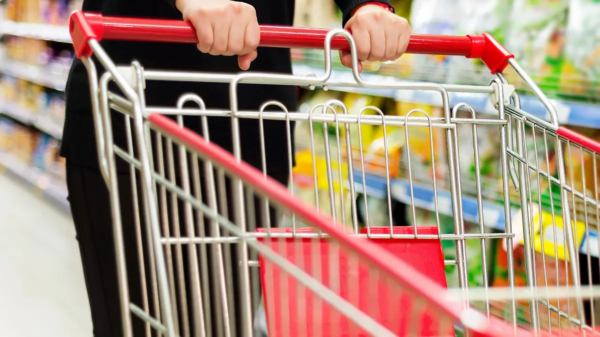 Lady pushing a shopping cart in the supermarket.