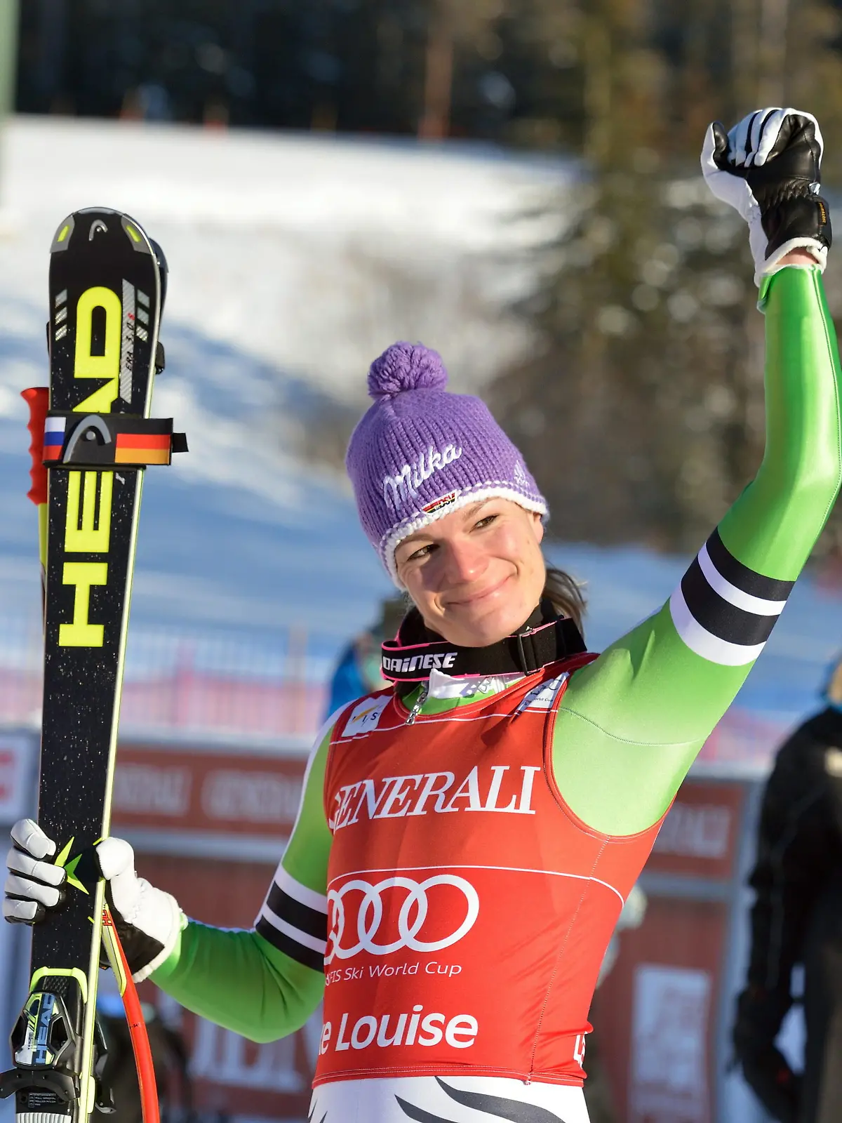 FILE - Maria Hoefl-Riesch of Germany celebrates on the way to the podium after winning the Women's Downhill race at the FIS Alpine Skiing World Cup in Lake Louise, Alberta, Canada, 06 December 2013. EPA/MIKE STURK (zu dpa Themenpaket Olympische Winterspiele 2014 Sotschi vom 08.01.2014) +++(c) dpa - Bildfunk+++