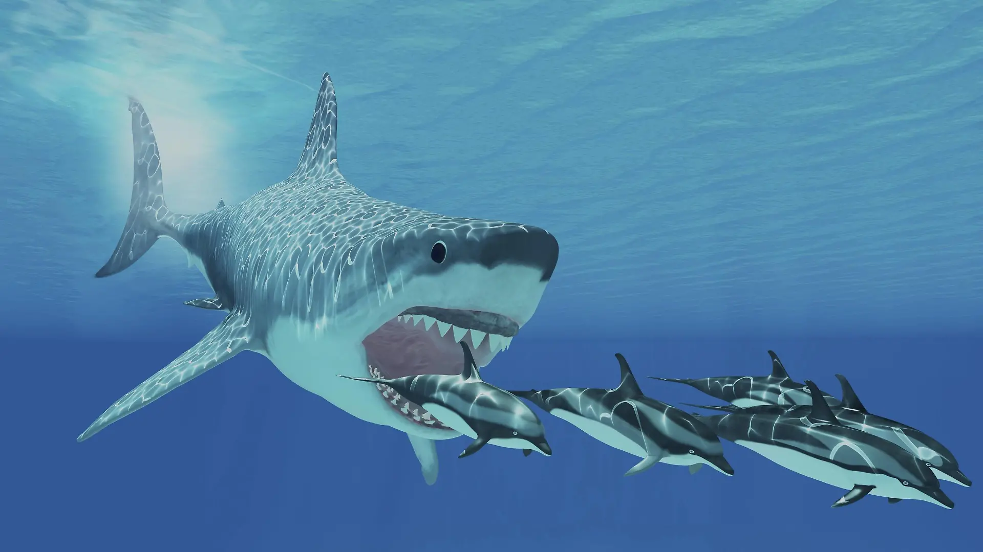 A huge Megalodon shark swims after a pod of striped dolphins. PUBLICATIONxINxGERxSUIxAUTxONLY Copyright: CoreyxFord/StocktrekxImages CFR200248P
a Huge Megalodon Shark swim After a pod of Striped Dolphins PUBLICATIONxINxGERxSUIxAUTxONLY Copyright CoreyxFord StocktrekxImages CFR200248P