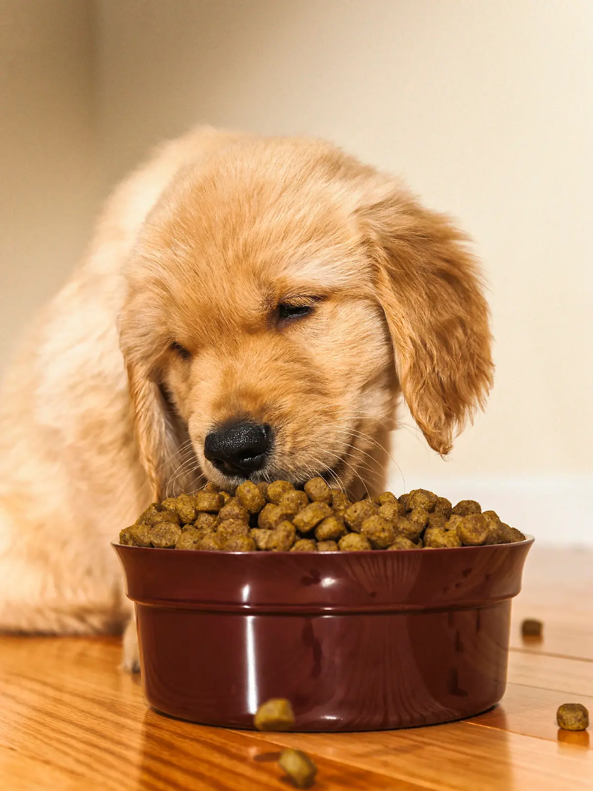 Two  8 week old Golden Retriever puppies eating kibble from a bowl while laying on a hardwood floor'Black'