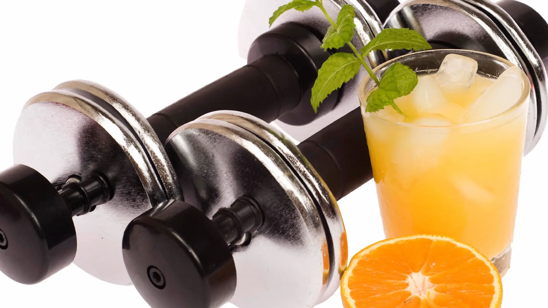 Longevity Prescription - Exercise & Diet - Barbell / Dumbbell and Fresh Orange Juice - Isolated on White - Closeup Shot - Isolated on White