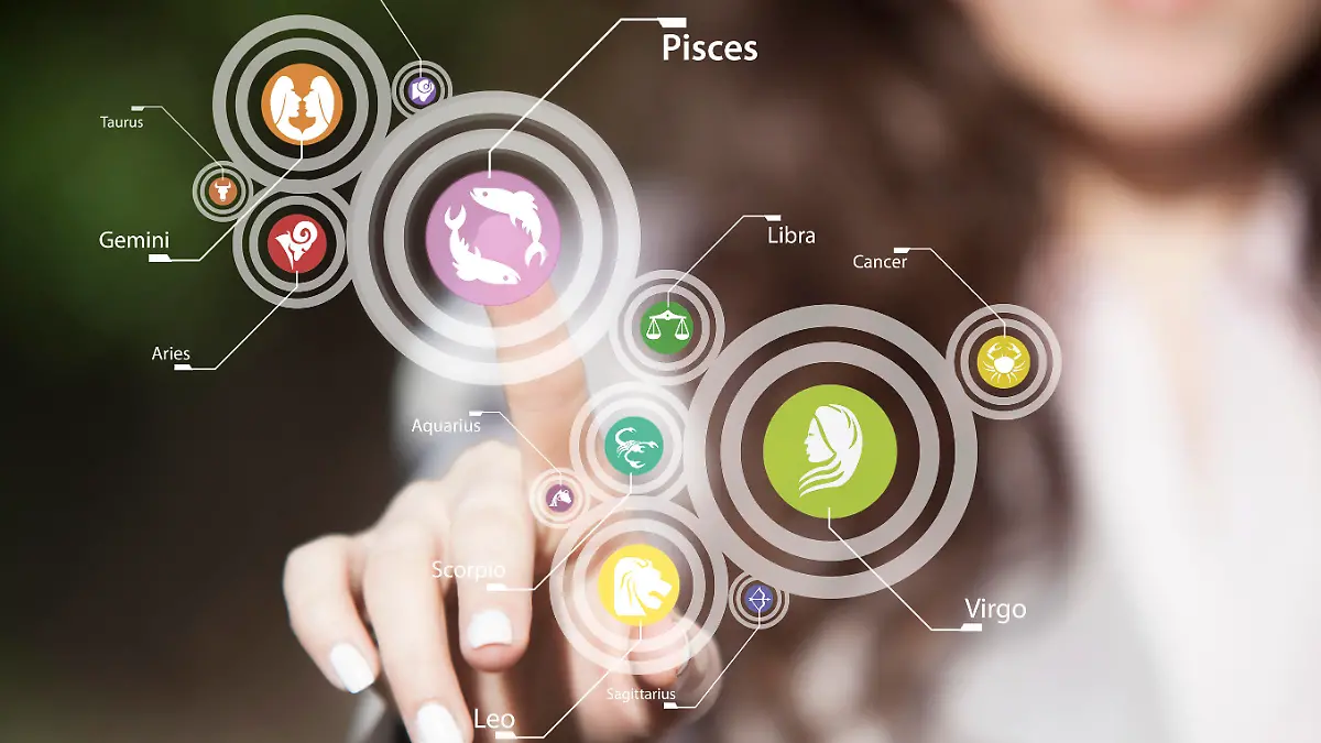 Woman choosing Pisces zodiac sign on digitally generated menu on touch screen. Horoscope signs on touch screen.
