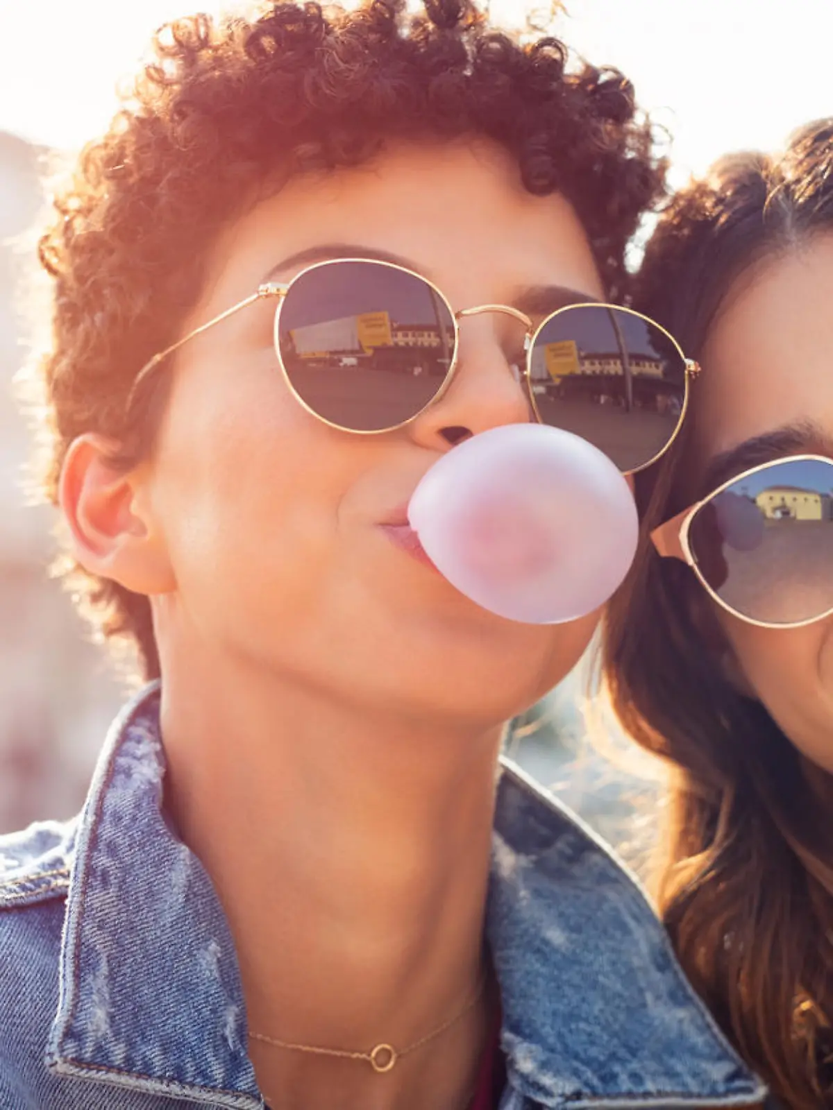 Portrait of brazilian woman with curly hair making bubble while latin girl smiling. Multiethnic friends enjoying vacation in city and looking at camera. Lesbian couple having fun while inflating chewing gum and making pink balloon.