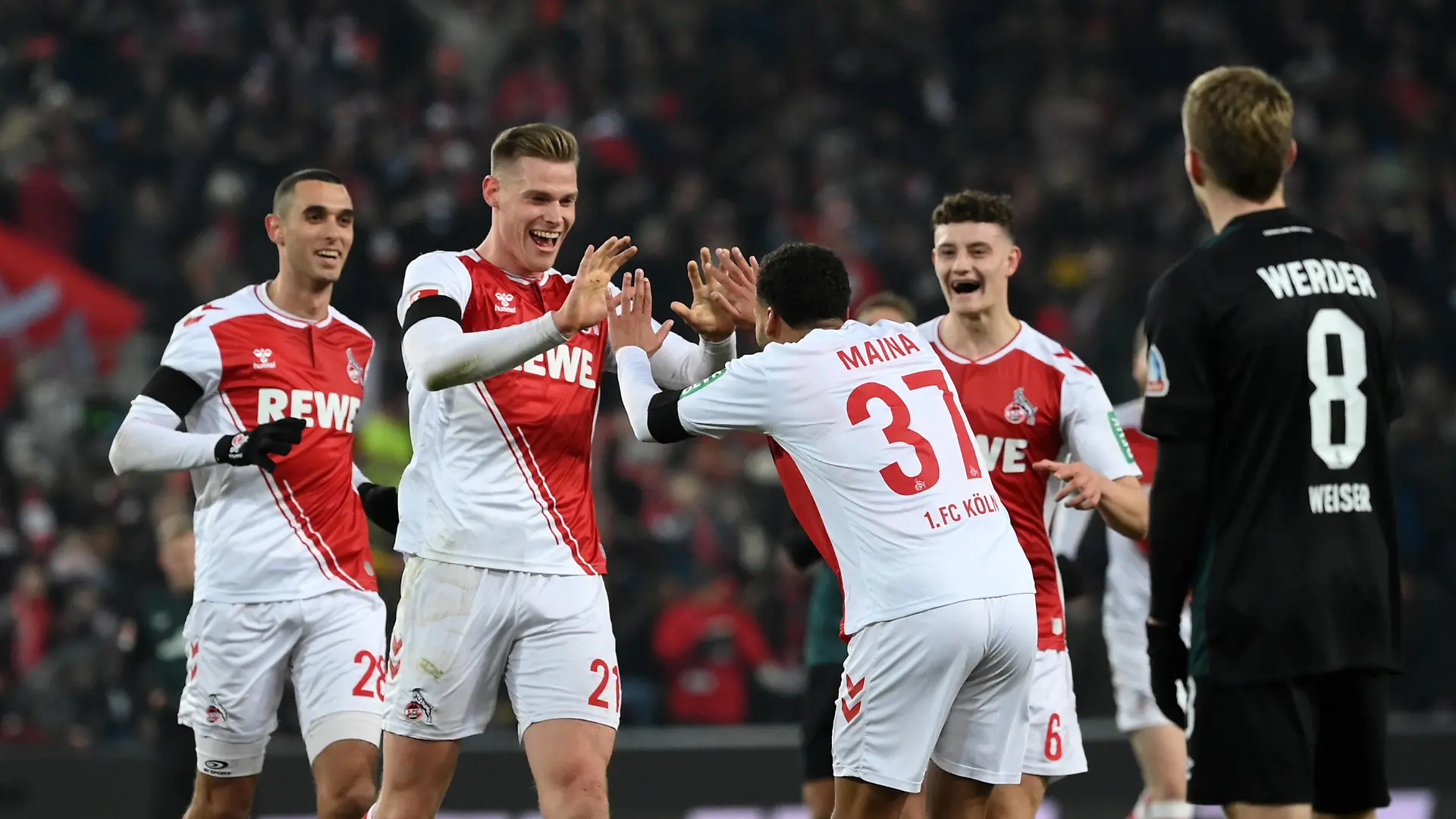 Jubel 3:0, v.li., Ellyes Skhiri 1.FC Koeln, Steffen Tigges 1.FC Koeln, Linton Maina 1.FC Koeln, Eric Martel 1.FC Koeln 21.01.2023, Fussball GER, Saison 2022 2023, 1. Bundesliga, 16. Spieltag, 1. FC Köln - SV Werder Bremen 7:1 Koeln RheinEnergieStadion Nordrhein Westfalen Deutschland *** Jubel 3 0, v li , Ellyes Skhiri 1 FC Koeln , Steffen Tigges 1 FC Koeln , Linton Maina 1 FC Koeln , Eric Martel 1 FC Koeln 21 01 2023, Football GER, Season 2022 2023, 1 Bundesliga, 16 Matchday, 1 FC Köln SV Werder Bremen 7 1 Koeln RheinEnergieStadion Nordrhein Westfalen Germany Team2