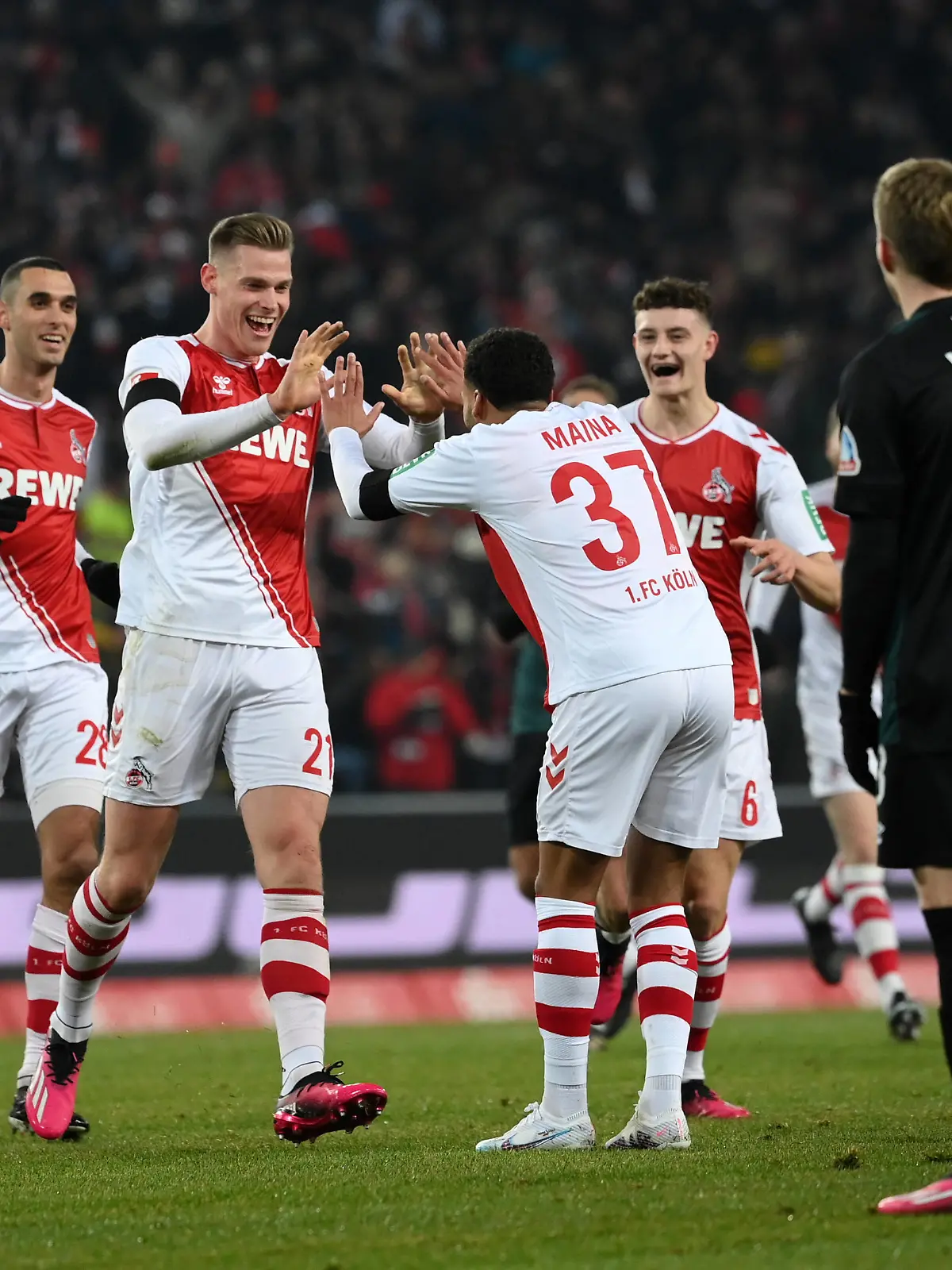 Jubel 3:0, v.li., Ellyes Skhiri 1.FC Koeln, Steffen Tigges 1.FC Koeln, Linton Maina 1.FC Koeln, Eric Martel 1.FC Koeln 21.01.2023, Fussball GER, Saison 2022 2023, 1. Bundesliga, 16. Spieltag, 1. FC Köln - SV Werder Bremen 7:1 Koeln RheinEnergieStadion Nordrhein Westfalen Deutschland *** Jubel 3 0, v li , Ellyes Skhiri 1 FC Koeln , Steffen Tigges 1 FC Koeln , Linton Maina 1 FC Koeln , Eric Martel 1 FC Koeln 21 01 2023, Football GER, Season 2022 2023, 1 Bundesliga, 16 Matchday, 1 FC Köln SV Werder Bremen 7 1 Koeln RheinEnergieStadion Nordrhein Westfalen Germany Team2