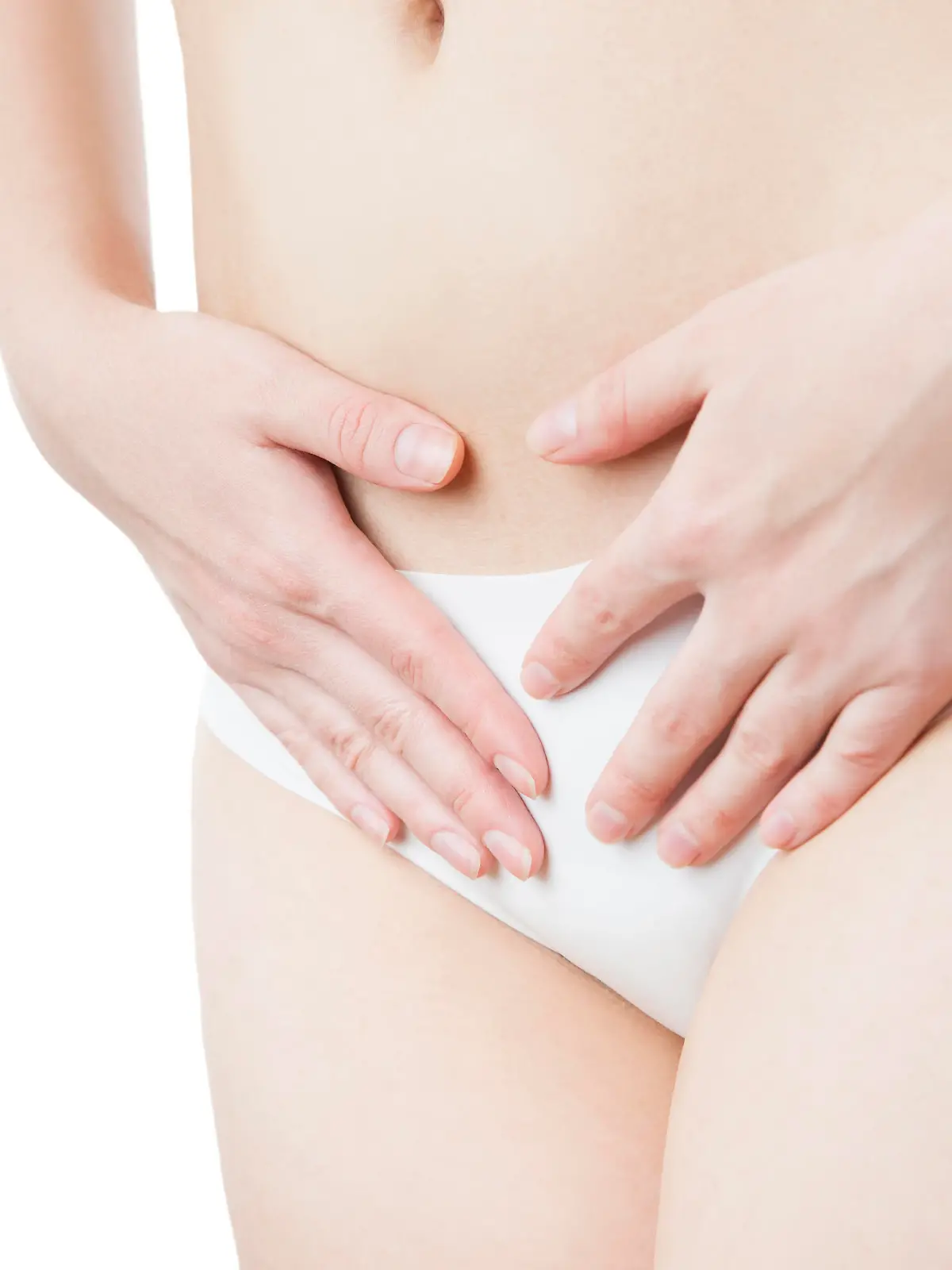Pain in the abdomen. A girl in black panties.  Isolated on white background.