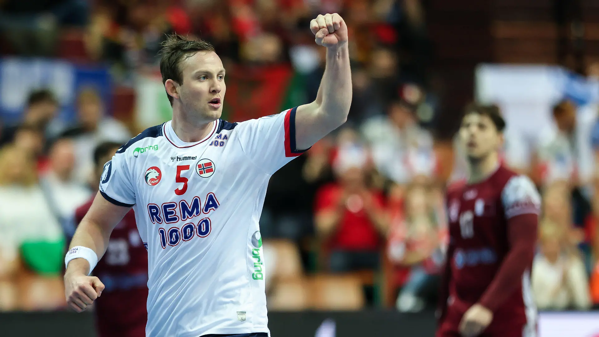 21.01.2023, Polen, Kattowitz: Handball: WM, Katar - Norwegen, Hauptrunde, Gruppe 3, 2. Spieltag im Spodek Kattowitz. Norwegens Spieler Sander Sagosen jubelt nach einem Treffer. Foto: Jan Woitas/dpa +++ dpa-Bildfunk +++