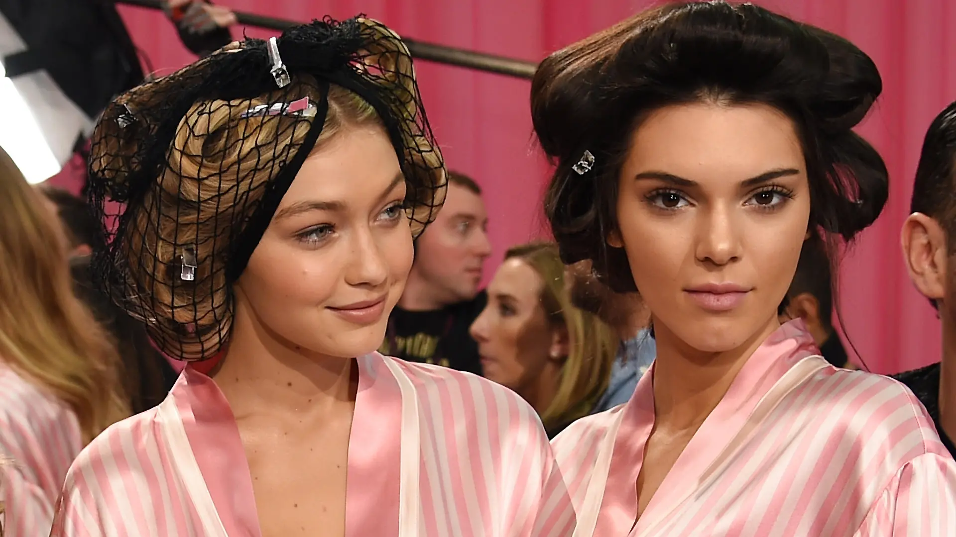 NEW YORK, NY - NOVEMBER 10: Gigi Hadid (L) and Kendall Jenner are seen backstage before the 2015 Victoria's Secret Fashion Show at Lexington Avenue Armory on November 10, 2015 in New York City. (Photo by Dimitrios Kambouris/Getty Images for Victoria's Secret)