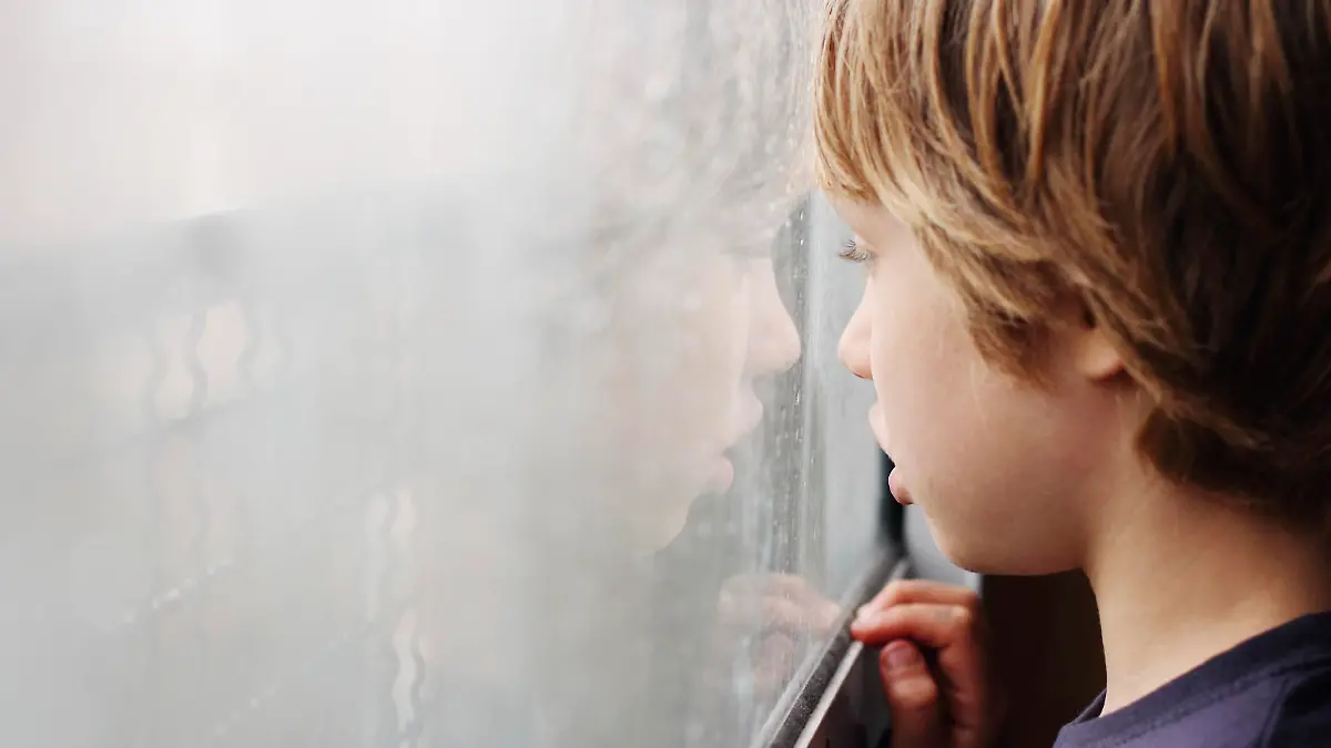 Cute 6 years old boy looking through the window