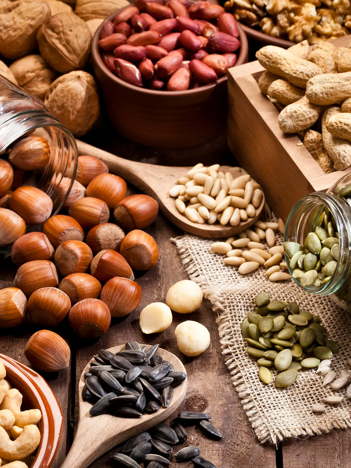 Horizontal shot of a rustic wood table filled with a large assortment of nuts like pistachios, hazelnut, pine nut, almonds, pumpkin seeds, sunflower seeds, peanuts, cashew and walnuts. Some nuts are in brown bowls and others in glass jars. Predominant color is brown. DSRL studio photo taken with Canon EOS 5D Mk II and Canon EF 100mm f/2.8L Macro IS USM