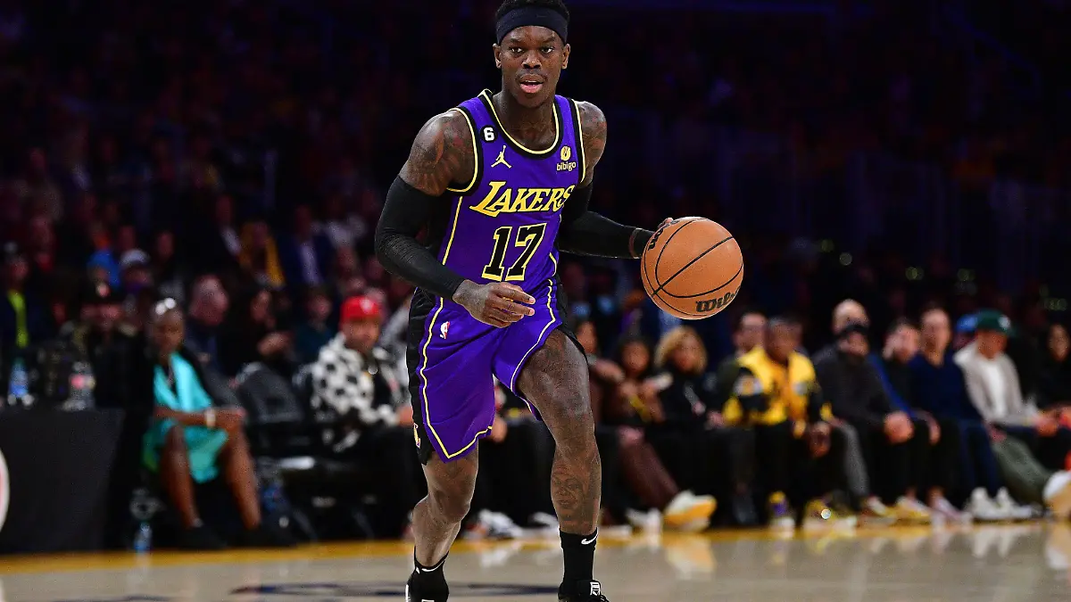 January 20, 2023; Los Angeles, California, USA; Los Angeles Lakers guard Dennis Schroder (17) controls the ball against the Memphis Grizzlies during the first half at Crypto.com Arena. Mandatory Credit: Gary A. Vasquez-USA TODAY Sports