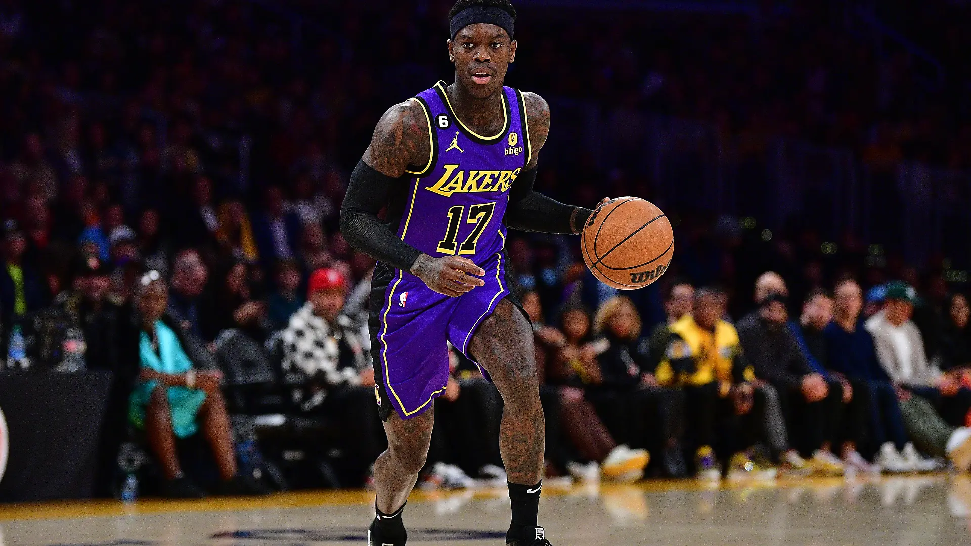 January 20, 2023; Los Angeles, California, USA; Los Angeles Lakers guard Dennis Schroder (17) controls the ball against the Memphis Grizzlies during the first half at Crypto.com Arena. Mandatory Credit: Gary A. Vasquez-USA TODAY Sports