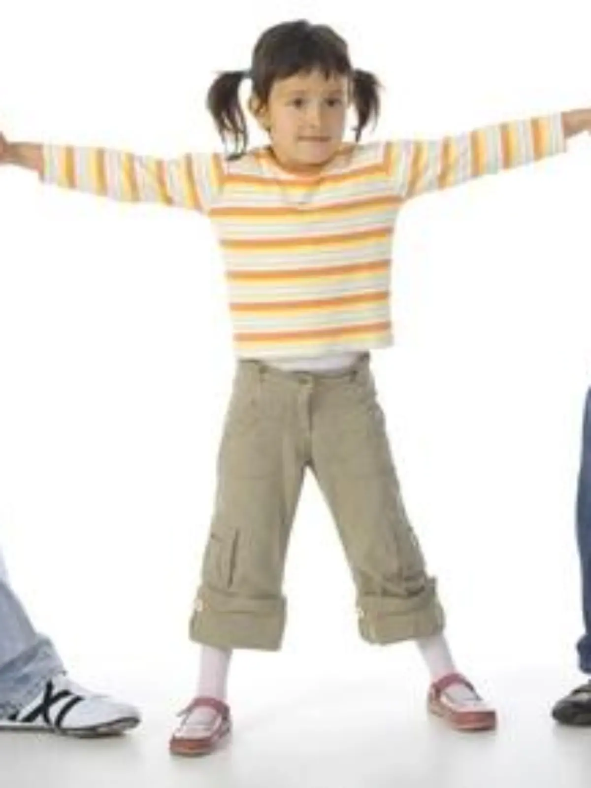 Man and woman quarrelling about little, confused girl. White background, whole body of little girl
