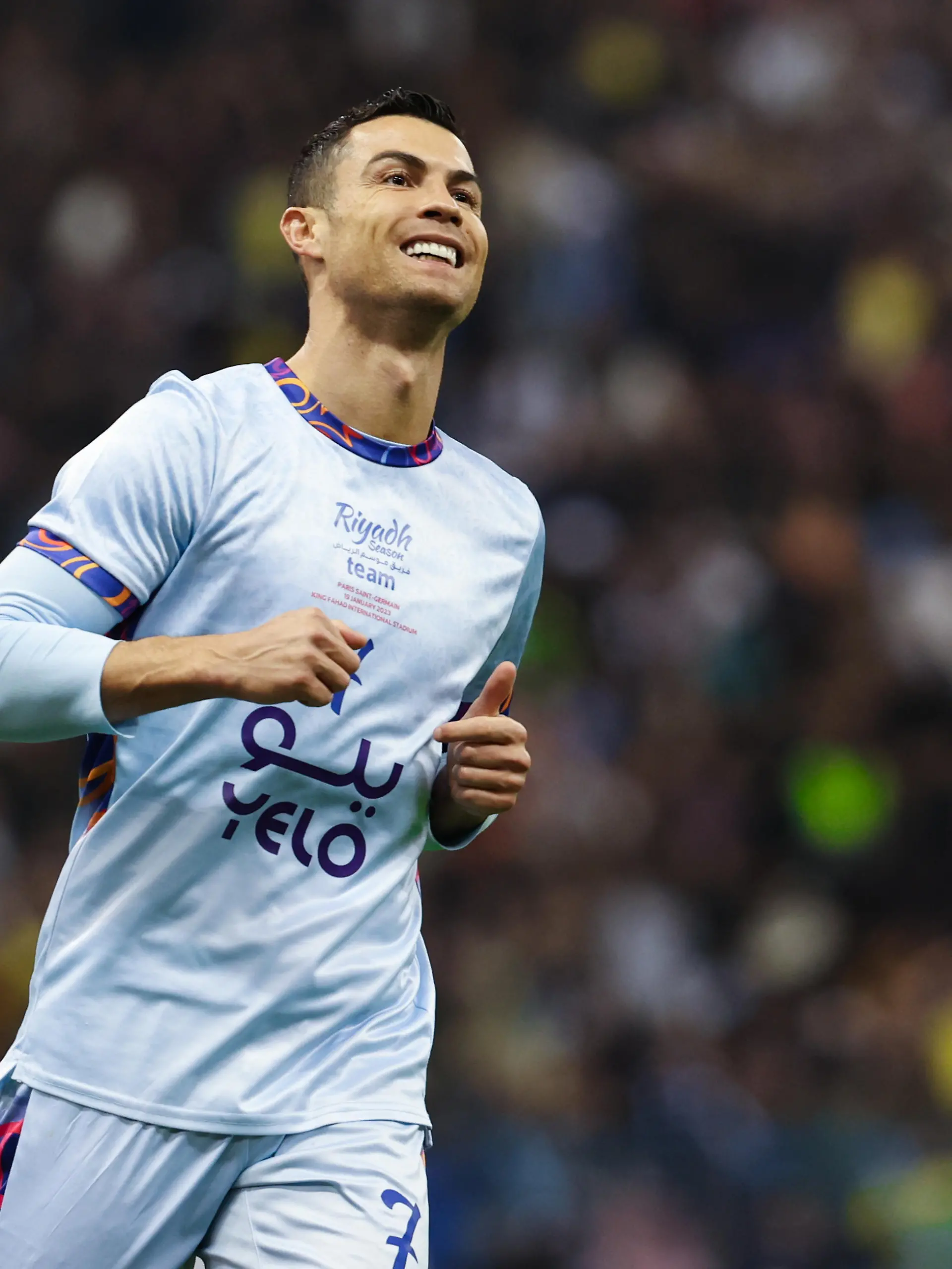 (230120) -- RIYADH, Jan. 20, 2023 (action press/Xinhua) -- Riyadh Season Team's Cristiano Ronaldo reacts during the Riyadh Season Cup match between Riyadh Season Team and Paris Saint-Germain FC at King Fahd International Stadium in Riyadh, Saudi Arabia, on Jan. 19, 2023. (Photo by Khalid Abdulfaattah/action press/Xinhua) / action press