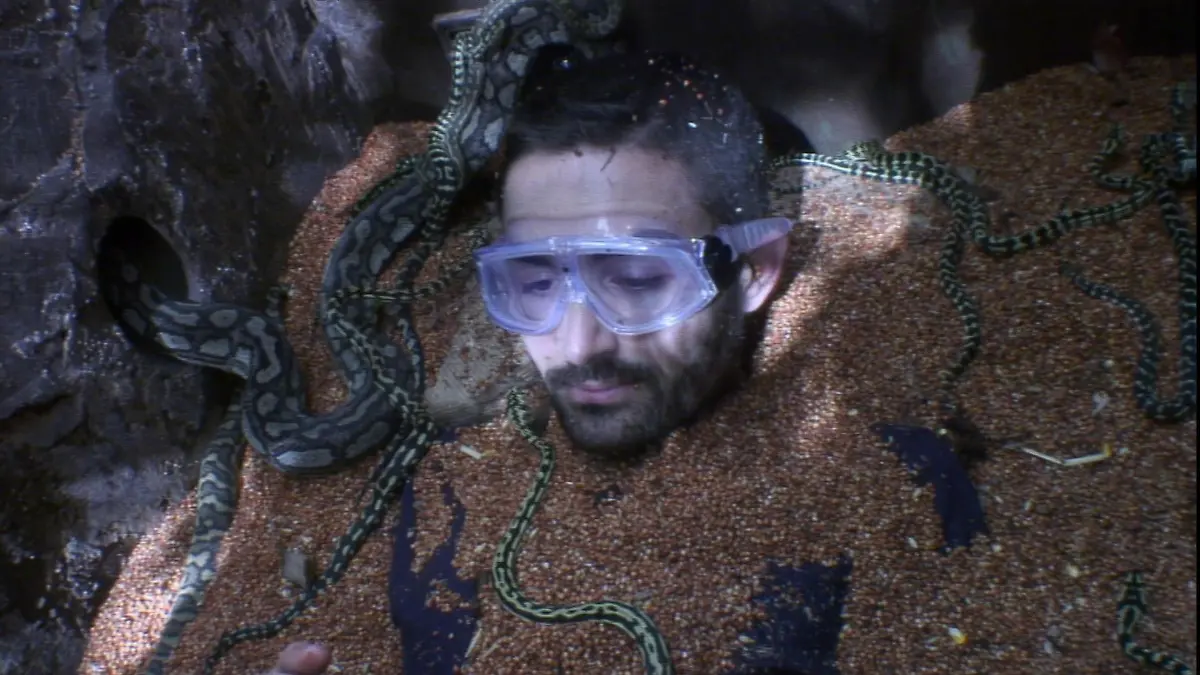 Tag 16 - Dschungelprüfung 17, Teil 3 "Come on"": Finalist Menderes Bagci bei seiner letzten Dschungelprüfung. Das DSDS-Urgestein musste fünf Minuten in einem Erdloch in absoluter Dunkelheit zusammen mit 40 Schlangen aushalten. In der unterirdischen Kammer wurde er erst mal mit Sand überschüttet. Aufgeben war für ihn keine Option. Nach fünf Minuten in Gesellschaft mit den Schlangen wird die Grube geöffnet. Menderes hat alle fünf Sternen mühelos erspielt. # Foto: RTL

Verwendung der Bilder für Online-Medien ausschließlich mit folgender Verlinkung: "Alle Infos zu "Ich bin ein Star - Holt mich hier raus!" im Special bei RTL.de: http://www.rtl.de/cms/sendungen/ich-bin-ein-star.html

NUR ZUR EINMALIGEN VERÖFFENTLICHUNG ! KEINE WEITERGABE AN DRITTE ! 
KEINE VERWENDUNG NACH DEM 09.02.2016 !! KEINE ARCHIVIERUNG !

Suchbegriff: Dschungelcamp *** Local Caption *** Verwendung der Bilder für Online-Medien ausschließlich mit folgender Verlinkung: "Alle Infos zu "Ich bin ein Star - Holt mich hier raus!" im Special bei RTL.de: http://www.rtl.de/cms/sendungen/ich-bin-ein-star.html

NUR ZUR EINMALIGEN VERÖFFENTLICHUNG ! KEINE WEITERGABE AN DRITTE ! 
KEINE VERWENDUNG NACH DEM 09.02.2016 !! KEINE ARCHIVIERUNG !

Suchbegriff: Dschungelcamp