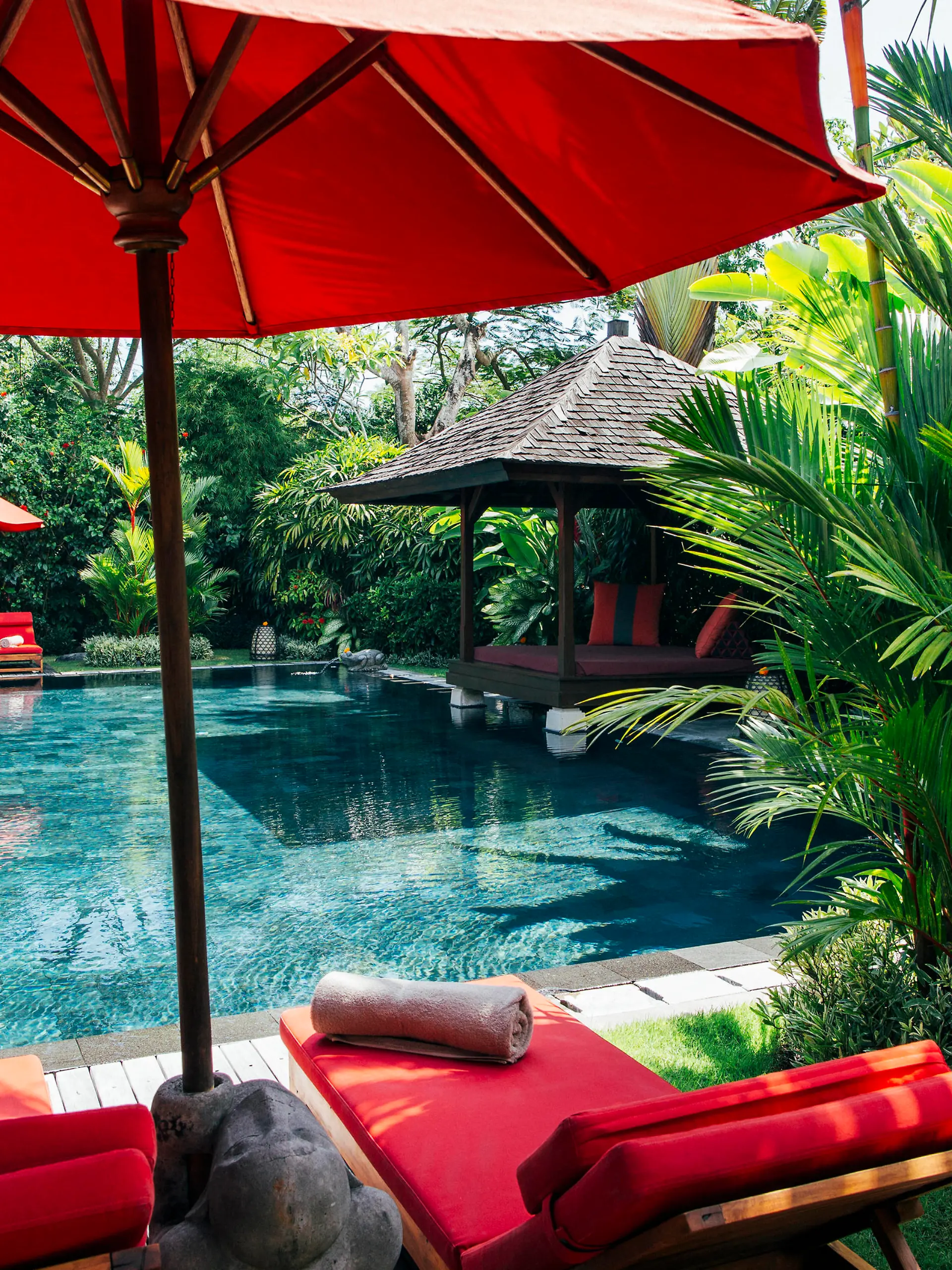 Indonesia, Bali, Poolside of luxurious villa in summer property released, JUBF00368