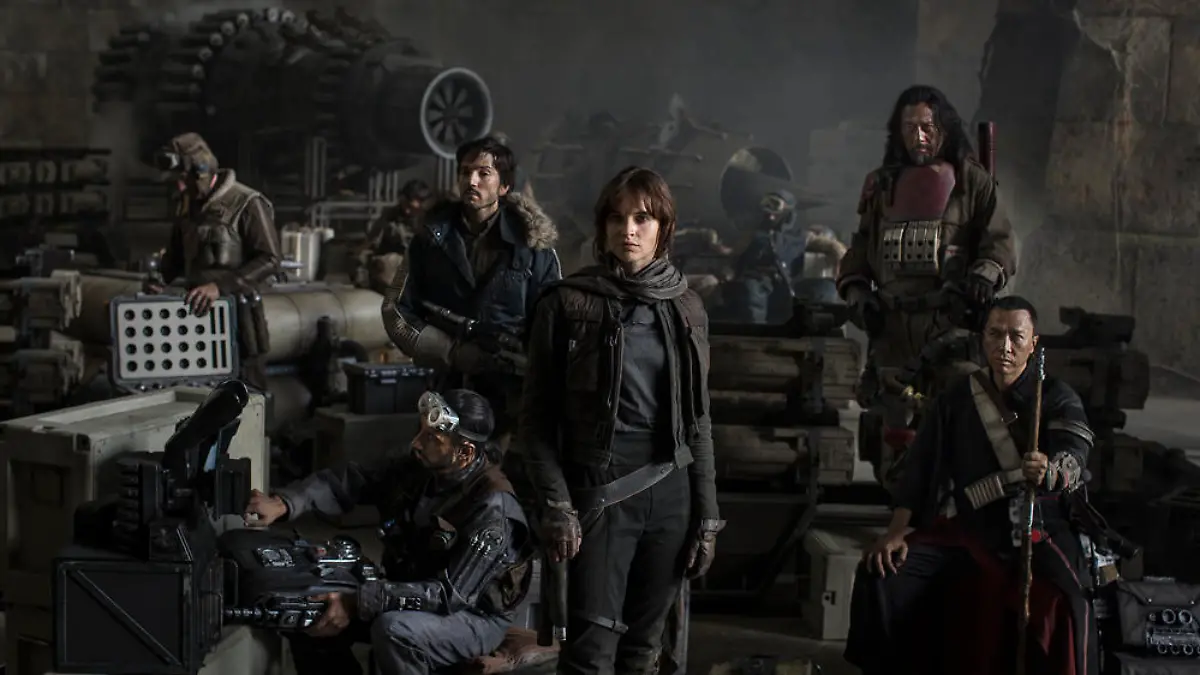 "Star Wars: Rogue One": von links nach rechts die Schauspieler Riz Ahmed, Diego Luna, Felicity Jones, Jiang Wen und Donnie Yen. Der Film erscheint im Dezember