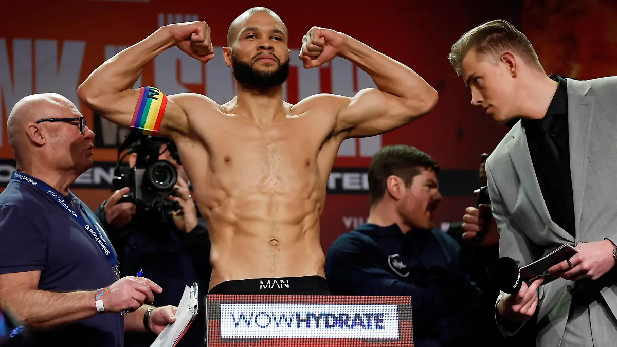 Boxing - Chris Eubank Jr & Liam Smith Weigh-In - Manchester Central Convention Complex, Exchange Hall, Manchester, Britain - January 20, 2023 Chris Eubank Jr is pictured during the weigh-in wearing a rainbow coloured arm band Action Images via Reuters/Jason Cairnduff