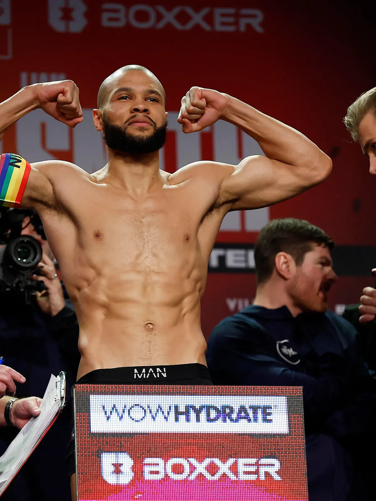 Boxing - Chris Eubank Jr & Liam Smith Weigh-In - Manchester Central Convention Complex, Exchange Hall, Manchester, Britain - January 20, 2023 Chris Eubank Jr is pictured during the weigh-in wearing a rainbow coloured arm band Action Images via Reuters/Jason Cairnduff