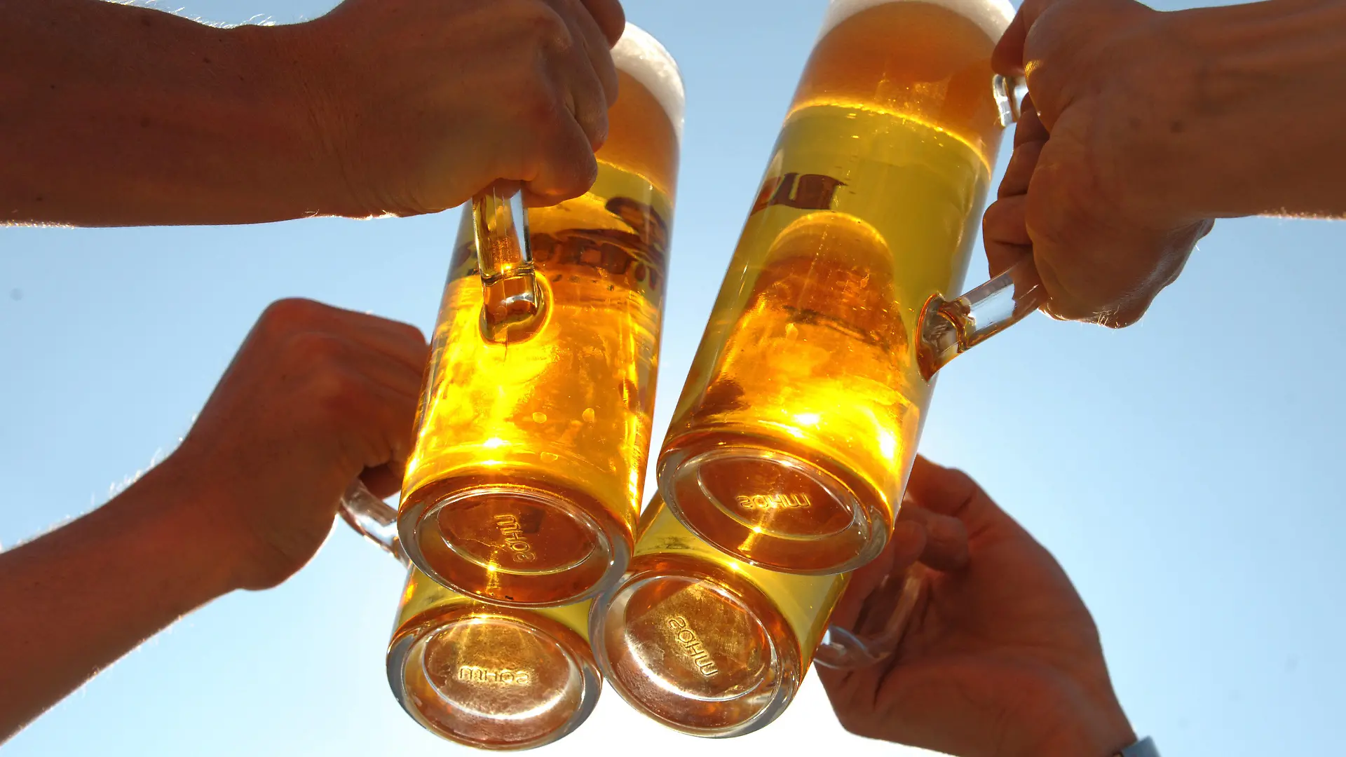 ARCHIV - Vier Personen stoßen mit vier Gläsern Bier an, aufgenommen am 21.04.2009 in Leipzig. Die Menschen in Deutschland haben wieder mehr Durst auf Bier. Im ersten Halbjahr setzten Brauereien und Bierlager rund 49,5 Millionen Hektoliter des Gerstensaftes ab - 1 Prozent oder 0,5 Millionen Hektoliter mehr als im Vorjahreszeitraum, wie das Statische Bundesamt am Donnerstag (28.07.2011) in Wiesbaden mitteilte. Foto: Peter Endig dpa +++(c) dpa - Bildfunk+++
