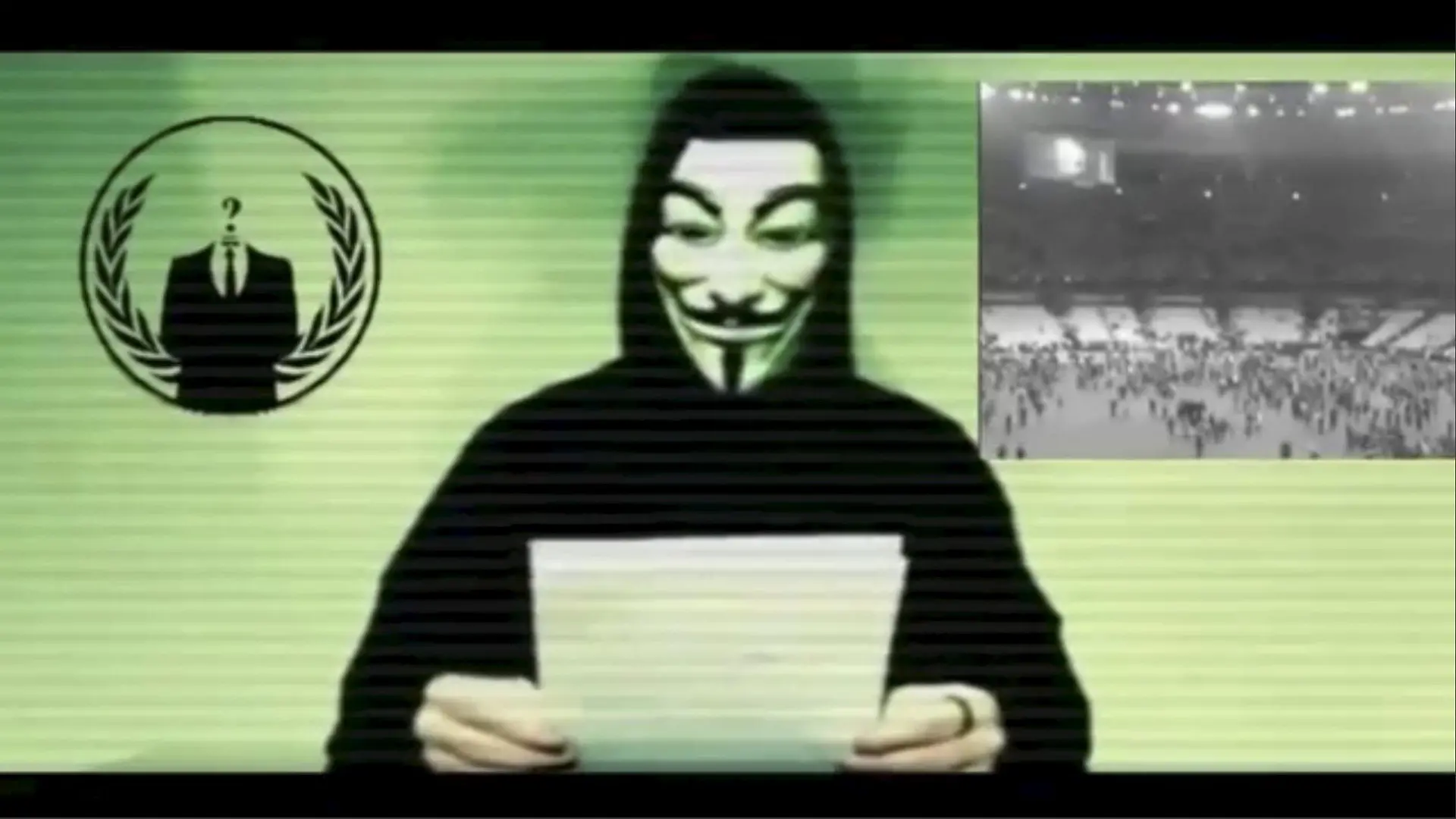 A man wearing a mask associated with Anonymous makes a statement in this still image from a video released on November 16, 2015. The Anonymous hackers collective is preparing to unleash waves of cyberattacks on Islamic State following the attacks in Paris last week that killed 129 people, it declared in the video posted online. REUTERS/Social Media Website via Reuters TV ATTENTION EDITORS - THIS PICTURE WAS PROVIDED BY A THIRD PARTY. REUTERS IS UNABLE TO INDEPENDENTLY VERIFY THE AUTHENTICITY, CONTENT, LOCATION OR DATE OF THIS IMAGE. FOR EDITORIAL USE ONLY. NOT FOR SALE FOR MARKETING OR ADVERTISING CAMPAIGNS. NO RESALES. NO ARCHIVE. THIS PICTURE IS DISTRIBUTED EXACTLY AS RECEIVED BY REUTERS, AS A SERVICE TO CLIENTS.      TPX IMAGES OF THE DAY