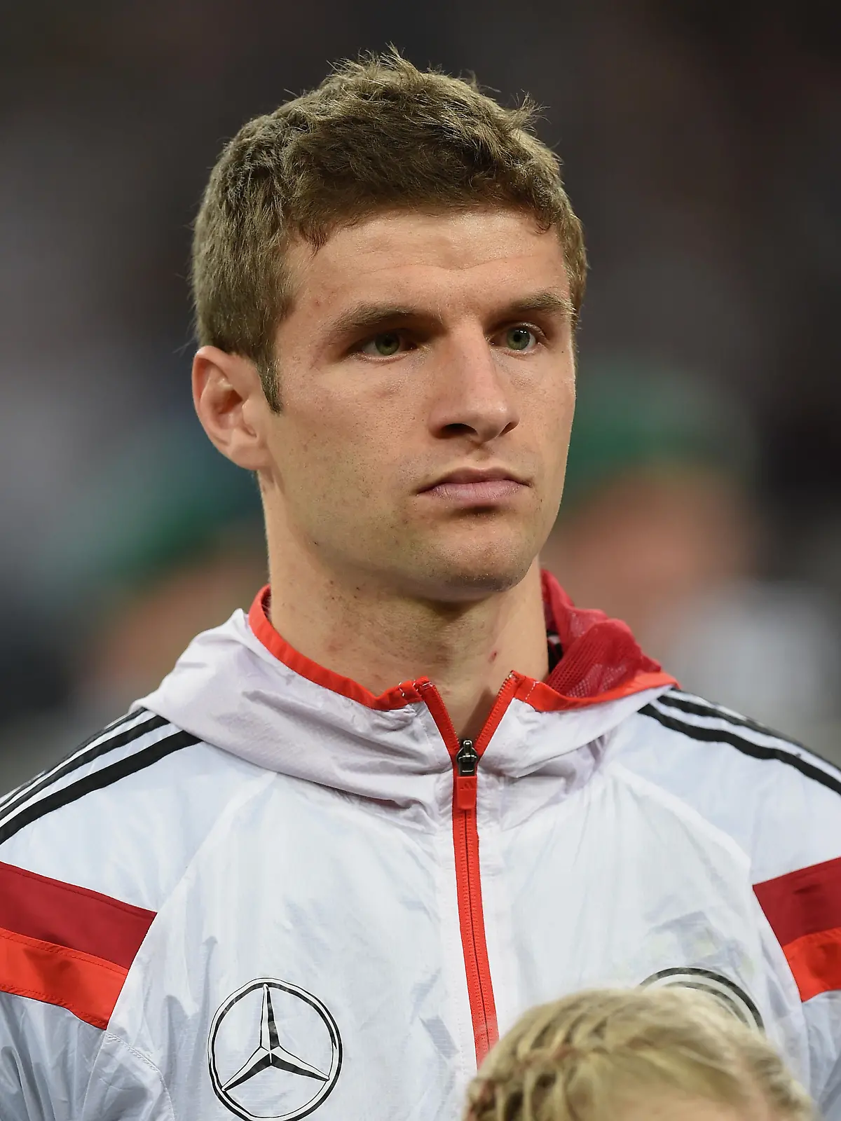 GELSENKIRCHEN, GERMANY - OCTOBER 14: Thomas Mueller of Germany looks on during the line-up for the EURO 2016 Group D qualifying match between Germany and Ireland at Veltins Arena on October 14, 2014 in Gelsenkirchen, Germany.  (Photo by Matthias Hangst/Bongarts/Getty Images)