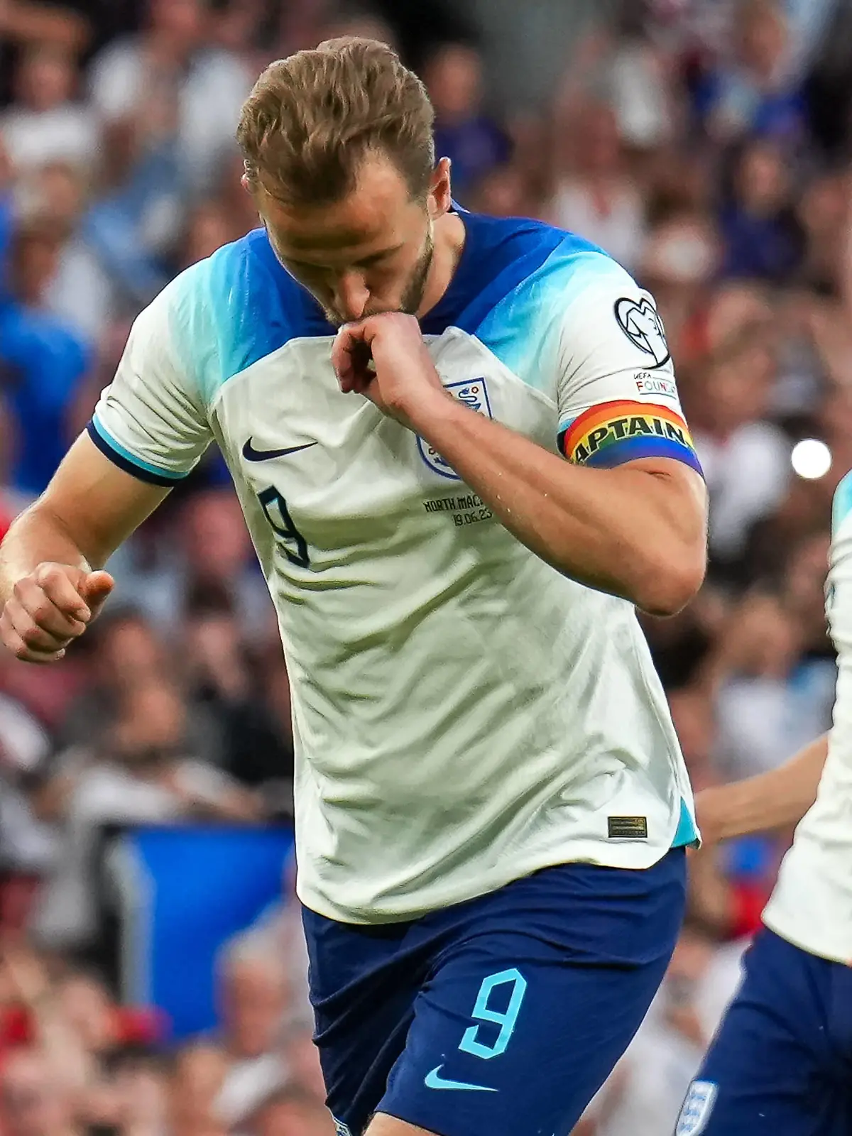 Harry Kane 9 of England celebrates after he scores his second goal Penalty during the UEFA EURO, EM, Europameisterschaft,Fussball Group C Qualifiers match between England and North Macedonia at Old Trafford, Manchester, England on 19 June 2023. Copyright: xDavidxHornx PMI-5596-0235