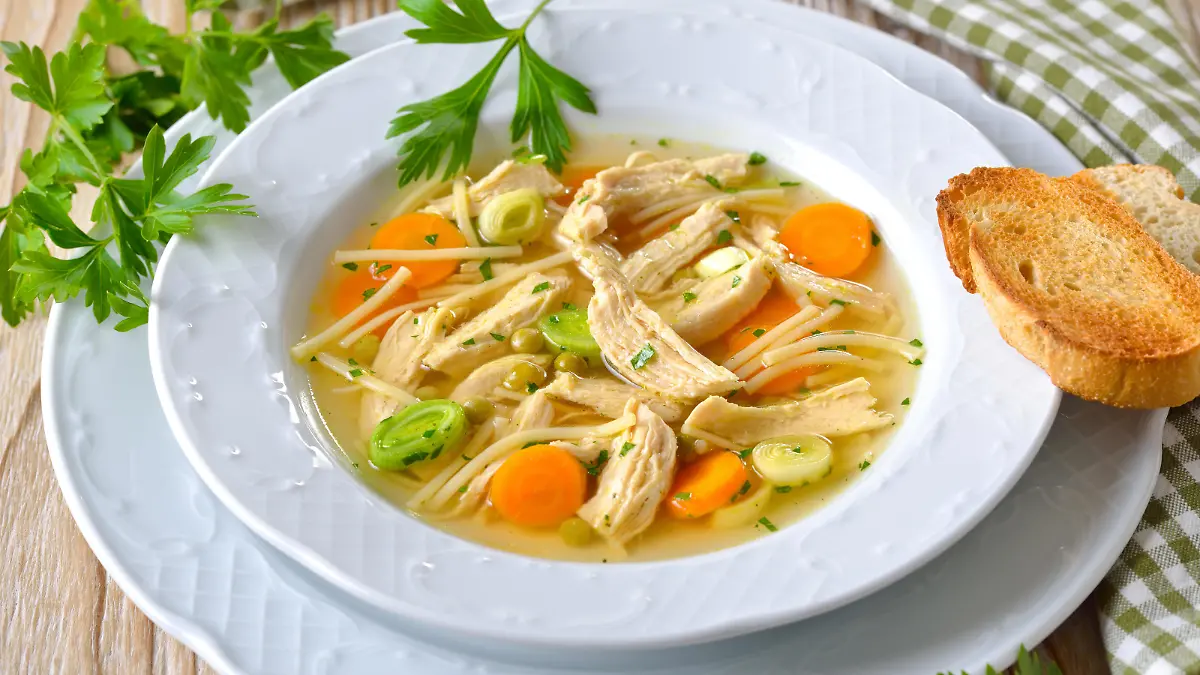 Kräftige Hühnersuppe mit Fleischeinlage, Nudeln und Gemüse ? Delicious homemade chicken soup with peaces of chicken breast and fresh vegetables in season