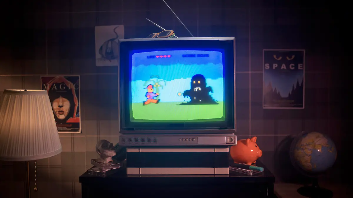 Indie game, 1980s retro platform video game on screen