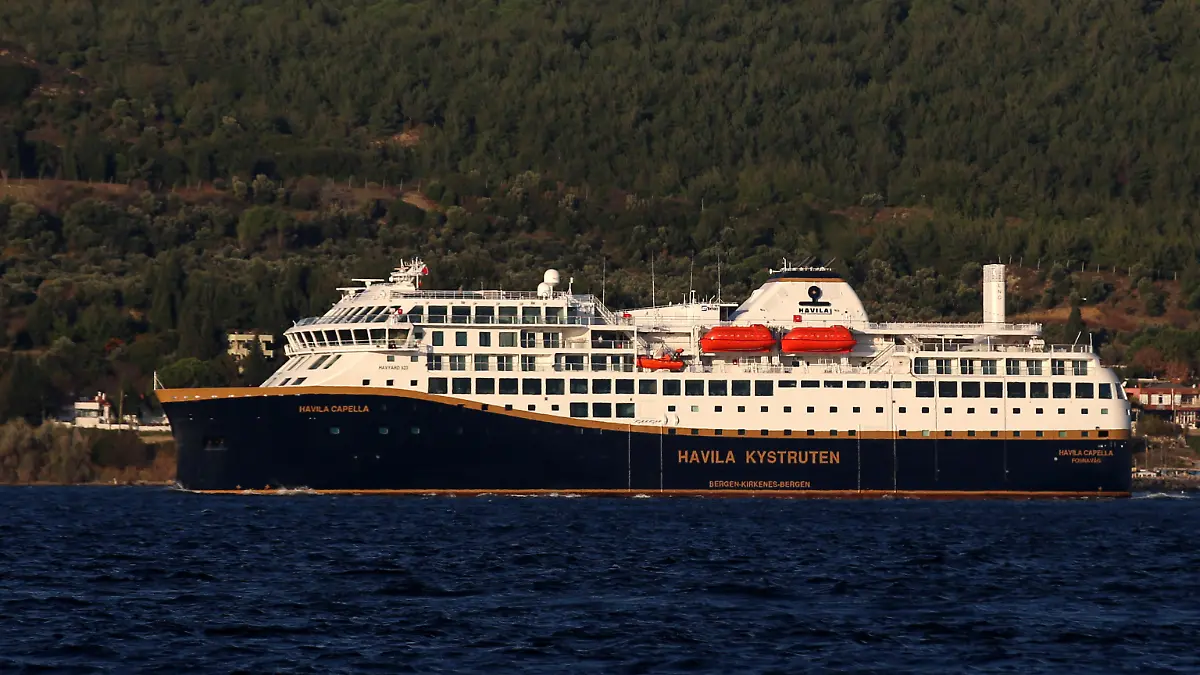 CANAKKALE, TURKEY - NOVEMBER 11: Havila Capella, Norwegian coastal passenger vessel, constructed by Havila Kystruten at Tersan Shipyard in Yalova passes through the Dardanelles Strait for its Bergen-Kirkenes voyage on November 11, 2021 in Canakkale, Turkey. The vessel powered with LNG and battery, the largest battery capacity in the world. The vessel is the first of the 4 ships produced by Tersan Shipyard. Burak Akay / Anadolu Agency