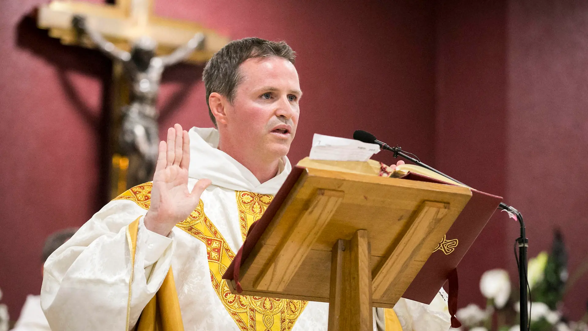 Former footballer made deacon. Former Manchester United player Philip Mulryne during his inaugural mass at St Oliver Plunkett Church in West Belfast following his ordination. Picture date: Monday July 10, 2017. The ex-Northern Ireland international was a product of the fabled youth system at Old Trafford and made his debut for the first team in 1997. See PA story ULSTER Mulryne. Photo credit should read: Liam McBurney/PA Wire URN:32004270