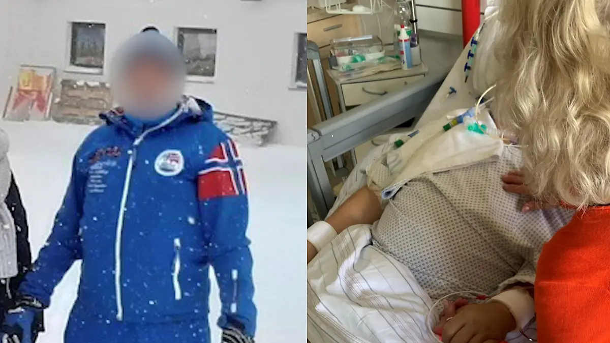 Ein Mann in Schneeanzug, daneben ein Foto des selben Mannes in einem Krankenbett