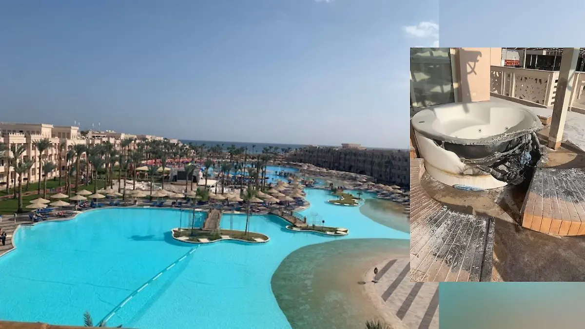 Hotelanlage und verbrannter Jacuzzi.