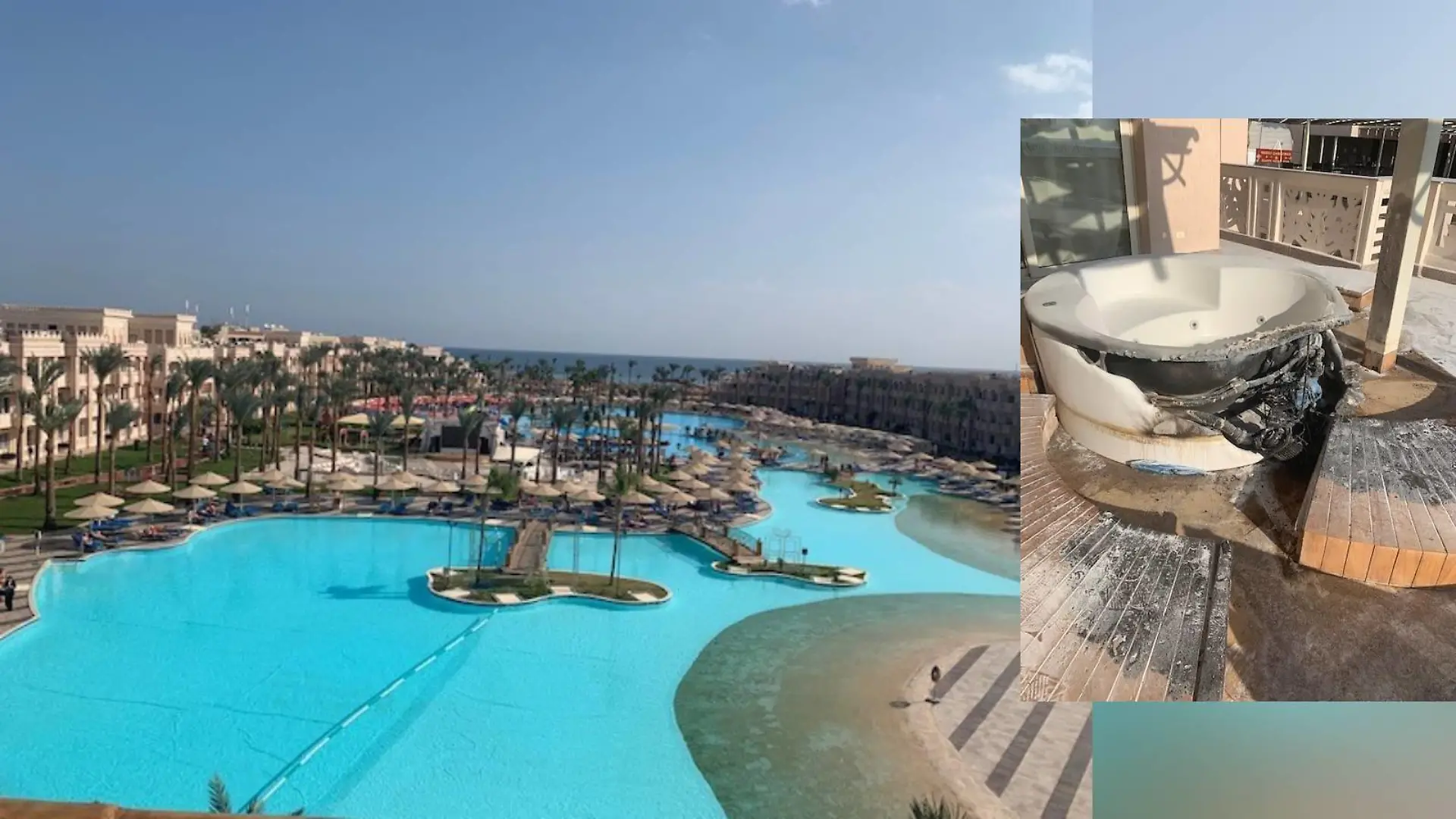 Hotelanlage und verbrannter Jacuzzi.